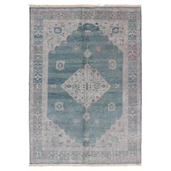 Modern Oushak Design in Silver and Sea-Foam Green Color