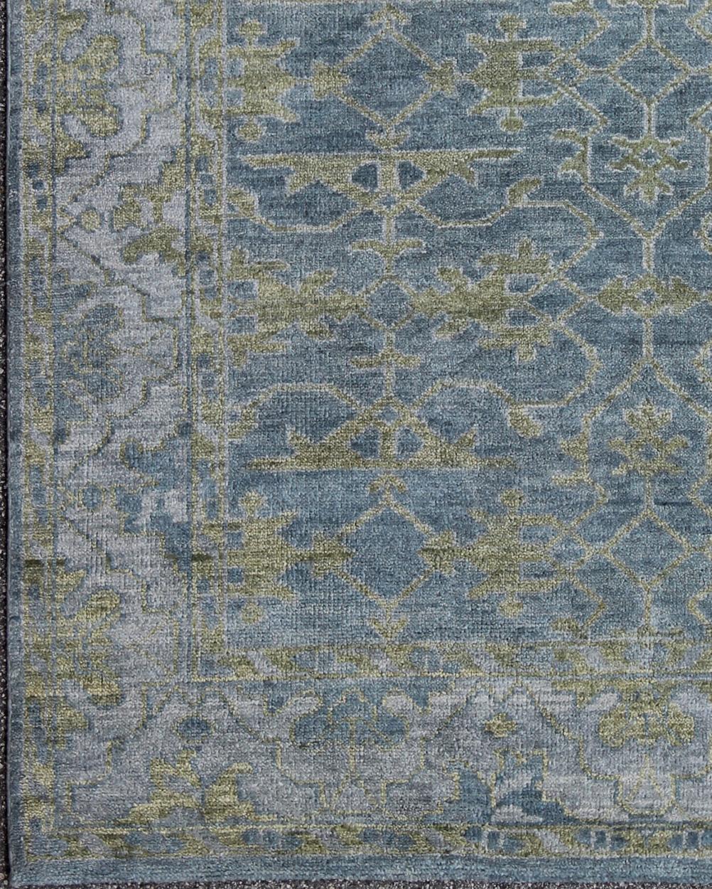 Indian Modern Oushak Design Rug in Silver, Gray Blue & Yellow Green