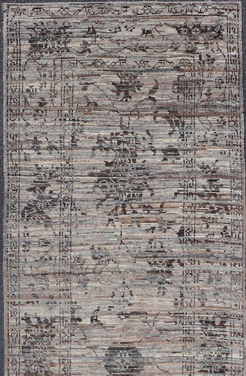 Afghan Modern Oushak Designed Runner in Wool with Floral Design in Earthy Tones For Sale