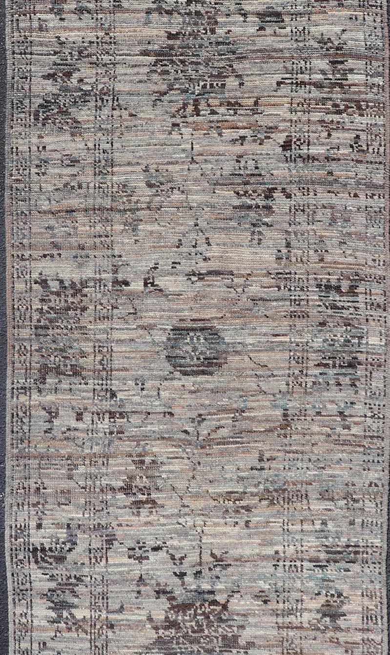 Hand-Knotted Modern Oushak Designed Runner in Wool with Floral Design in Earthy Tones For Sale