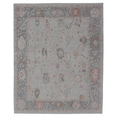 Modern Oushak Floral Motif on Light Grey Border and Colorful Design