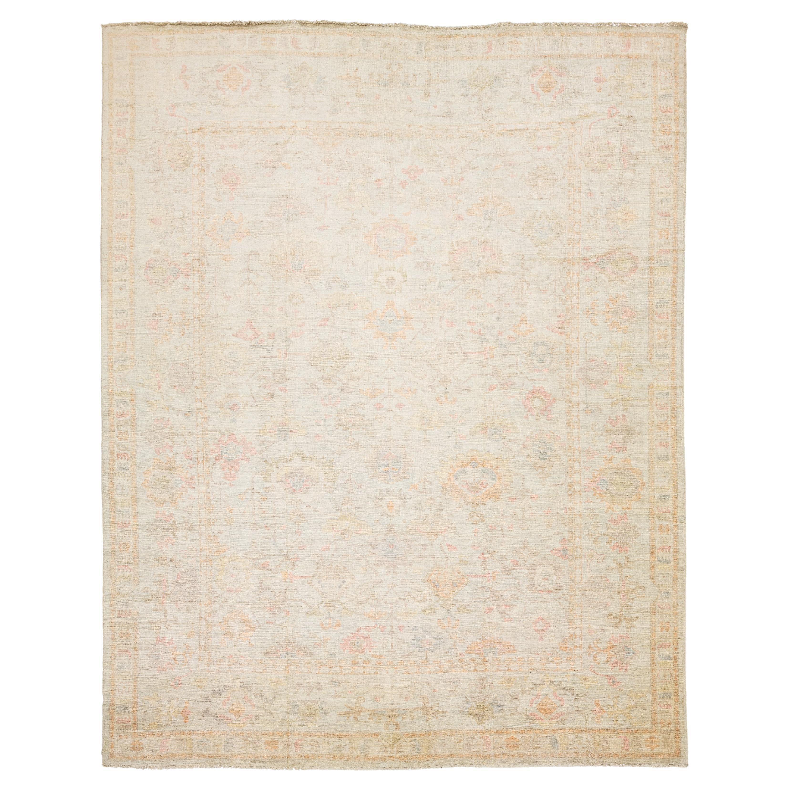 Modern Oushak Hand-Knotted Wool Rug – Muted Pastel Floral Design 14x17
