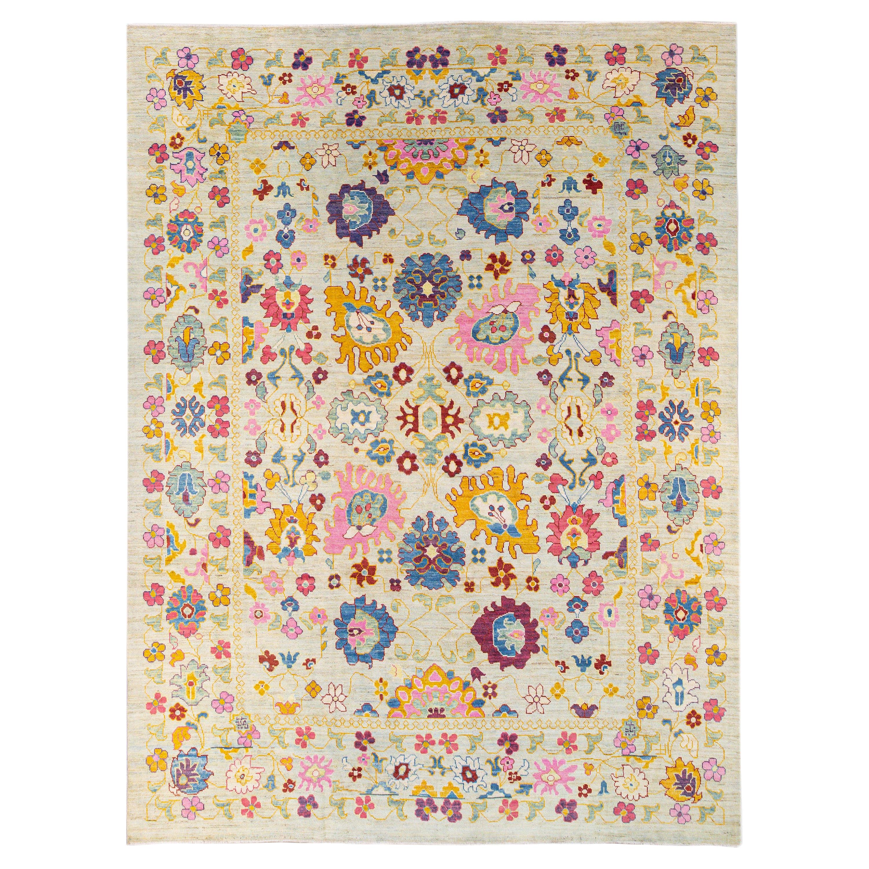 Modern Oushak Handmade Beige Floral Oversize Wool Rug For Sale