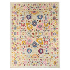 Modern Oushak Handmade Beige Floral Oversize Wool Rug