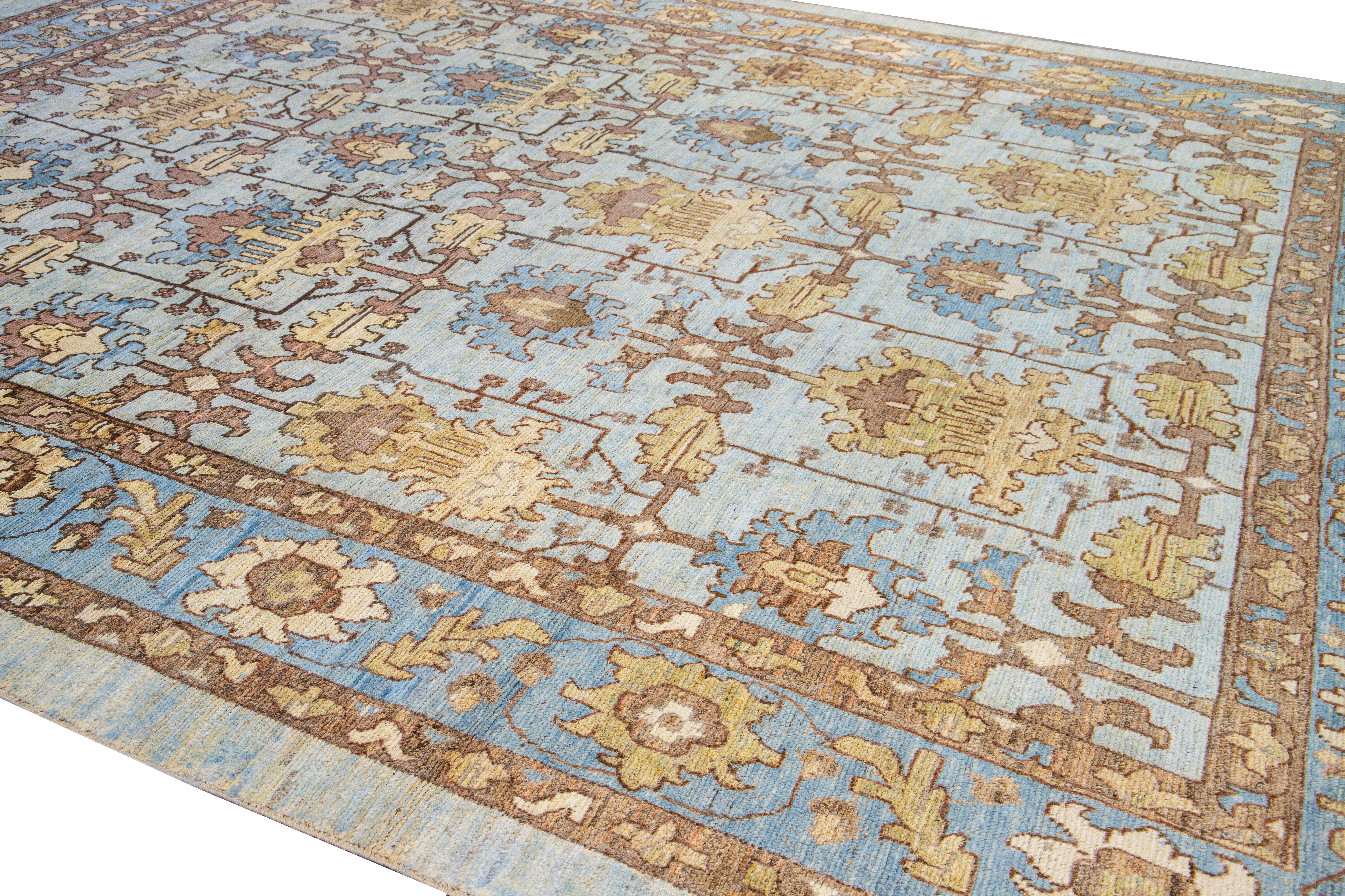 Hand-Knotted Modern Oushak Handmade Blue Designed Floral Pattern Oversize Wool Rug For Sale