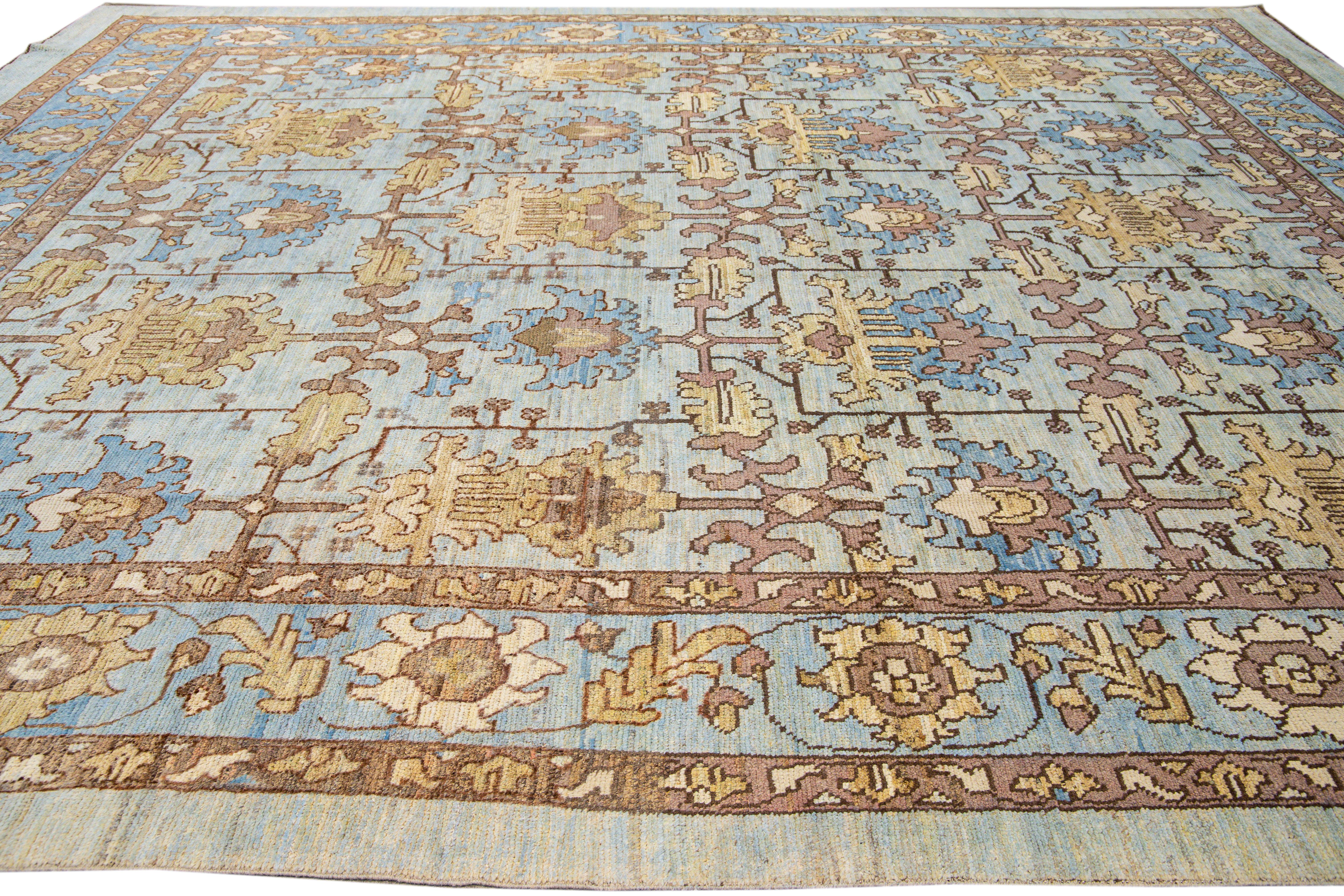 Modern Oushak Handmade Blue Designed Floral Pattern Oversize Wool Rug In New Condition For Sale In Norwalk, CT