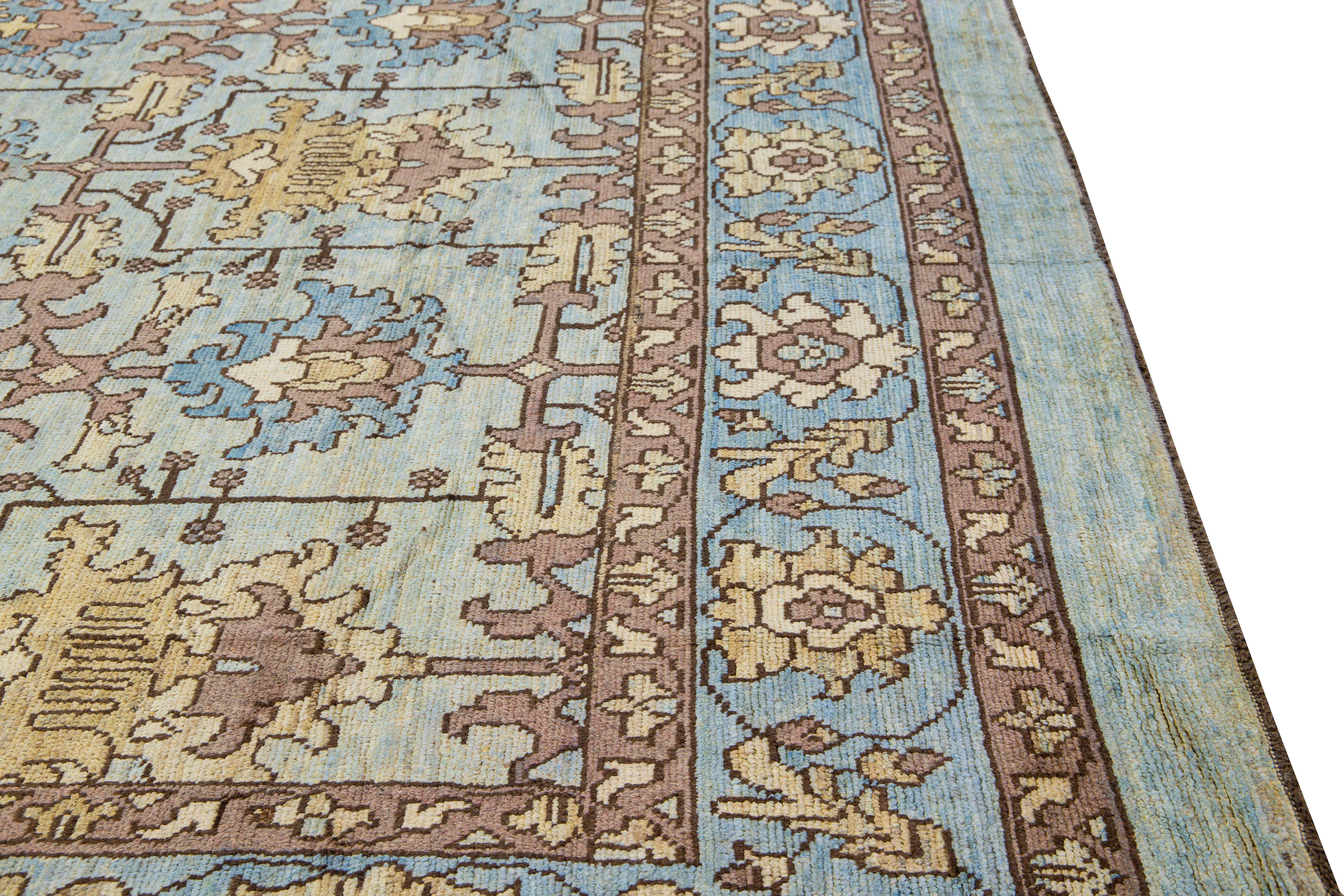 Modern Oushak Handmade Blue Designed Floral Pattern Oversize Wool Rug For Sale 1