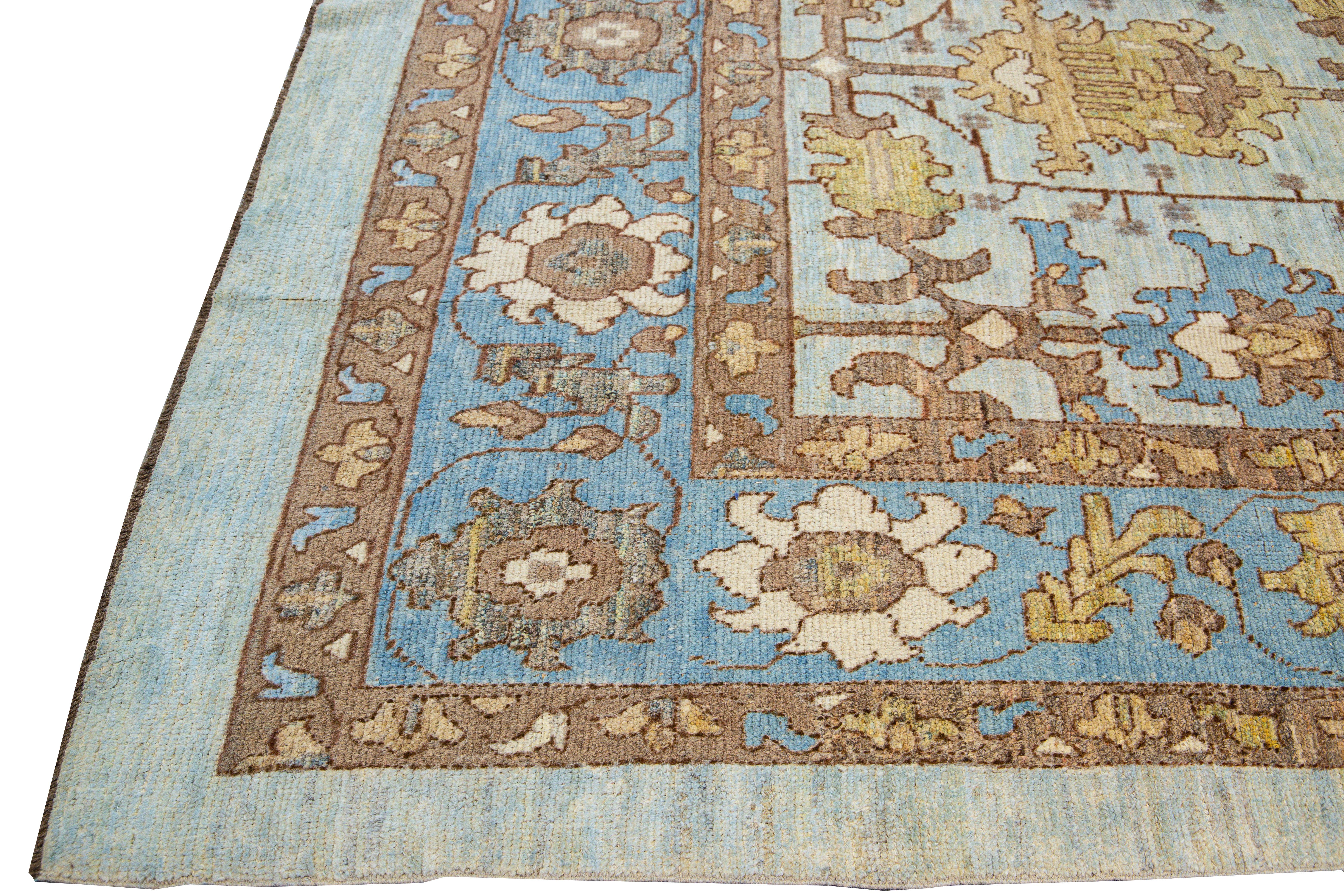 Modern Oushak Handmade Blue Designed Floral Pattern Oversize Wool Rug For Sale 3
