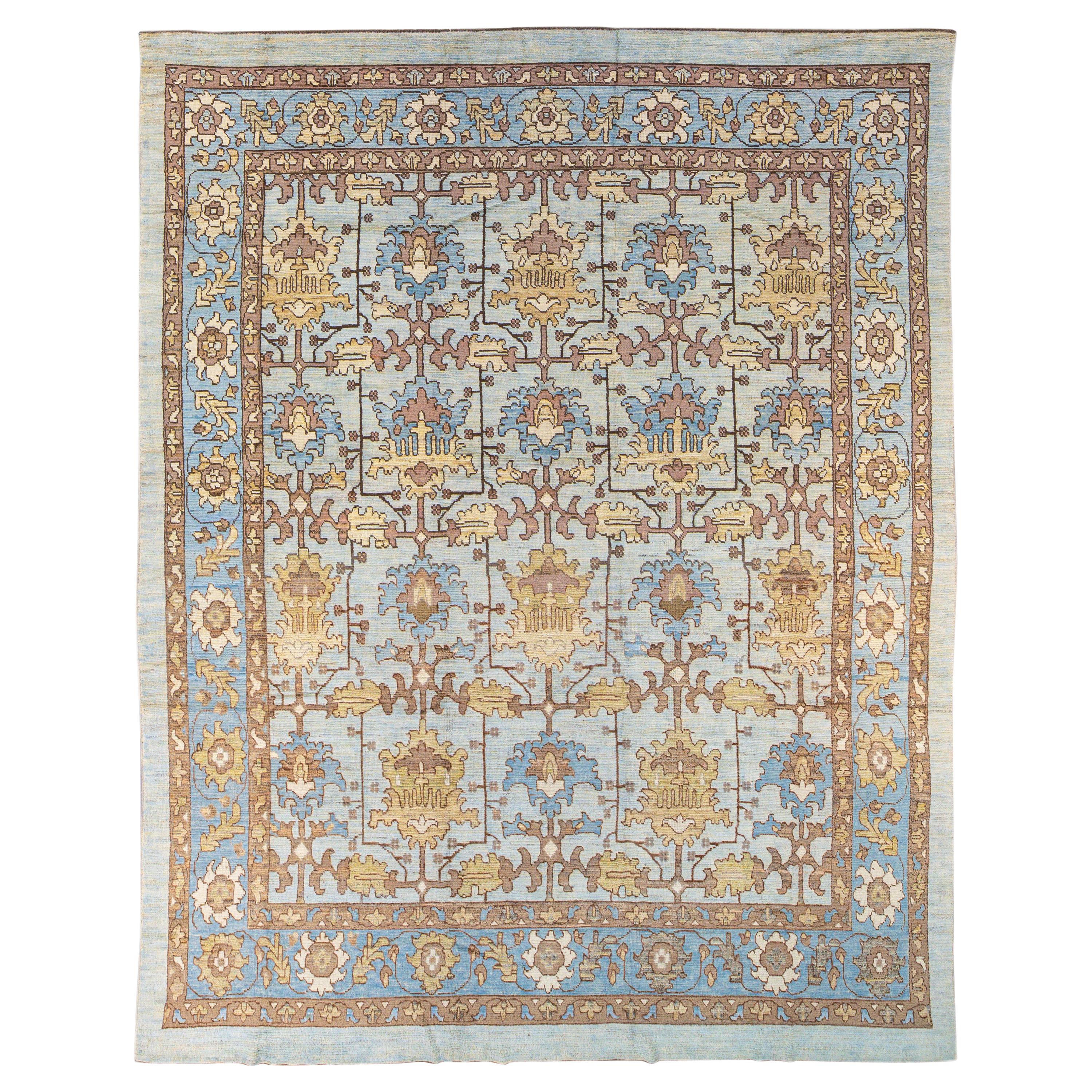 Modern Oushak Handmade Blue Designed Floral Pattern Oversize Wool Rug For Sale