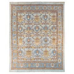 Modern Oushak Handmade Blue Designed Floral Pattern Oversize Wool Rug