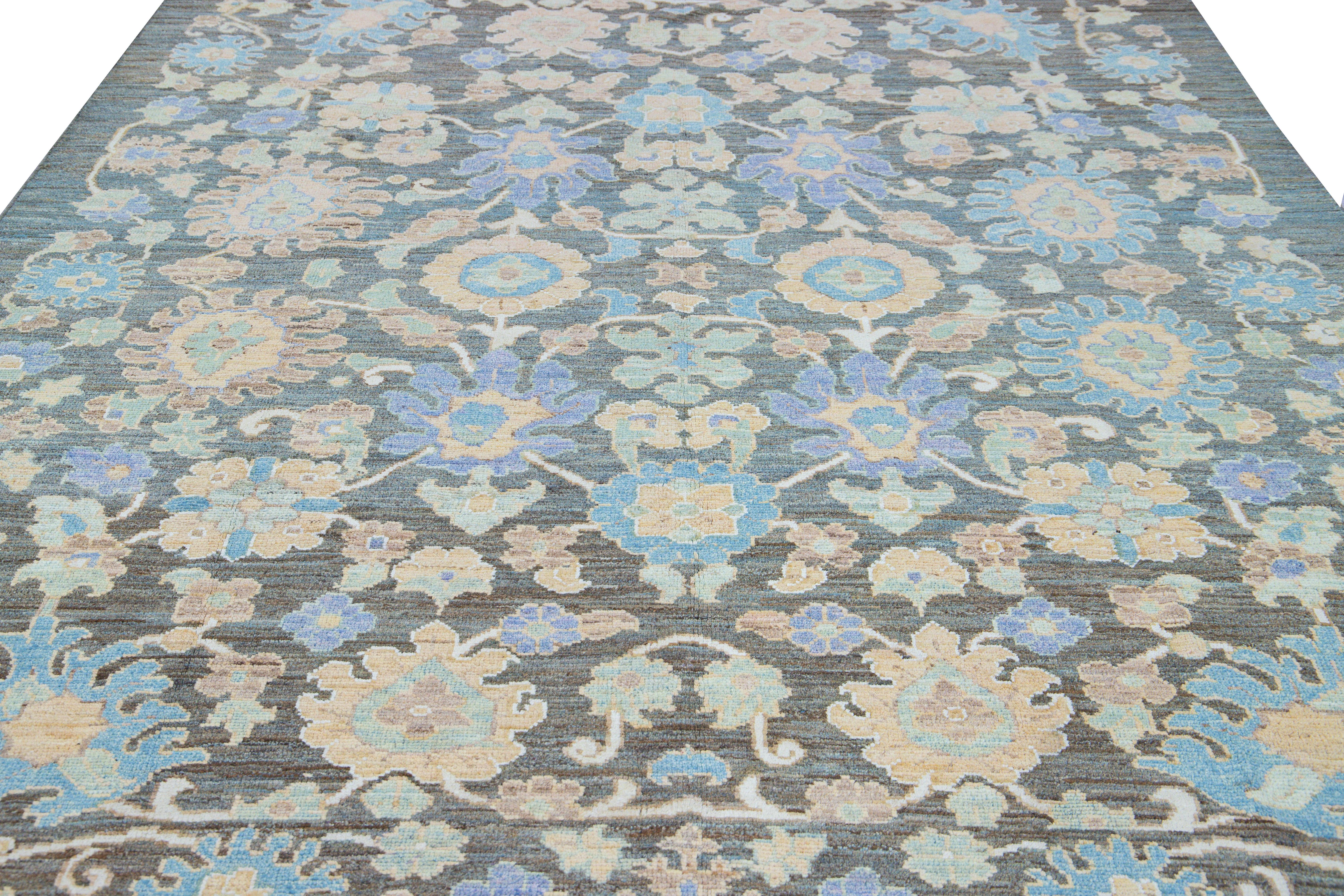 Turkish Modern Oushak Handmade Blue Floral Wool Rug For Sale