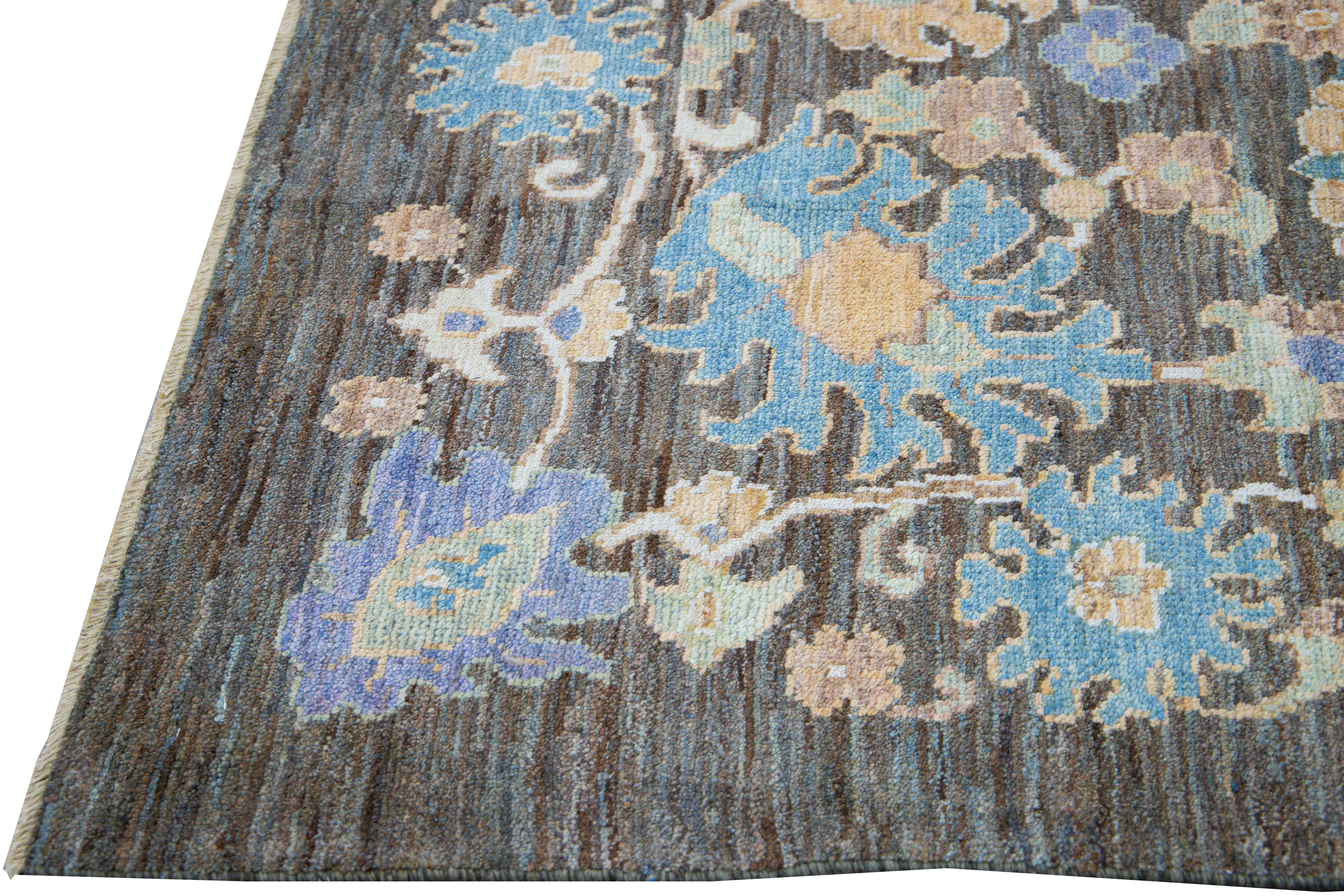 Hand-Knotted Modern Oushak Handmade Blue Floral Wool Rug For Sale