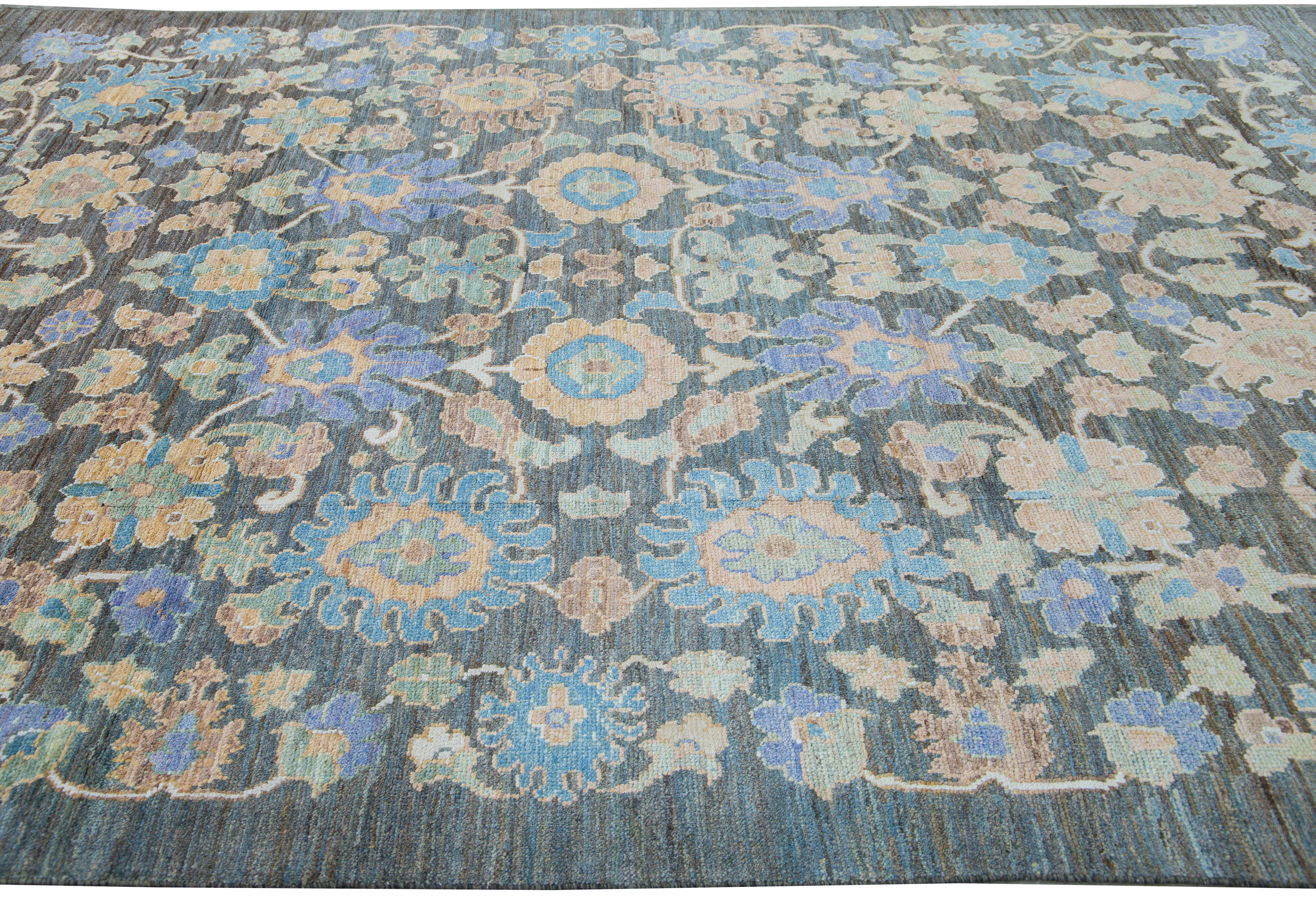 Contemporary Modern Oushak Handmade Blue Floral Wool Rug For Sale