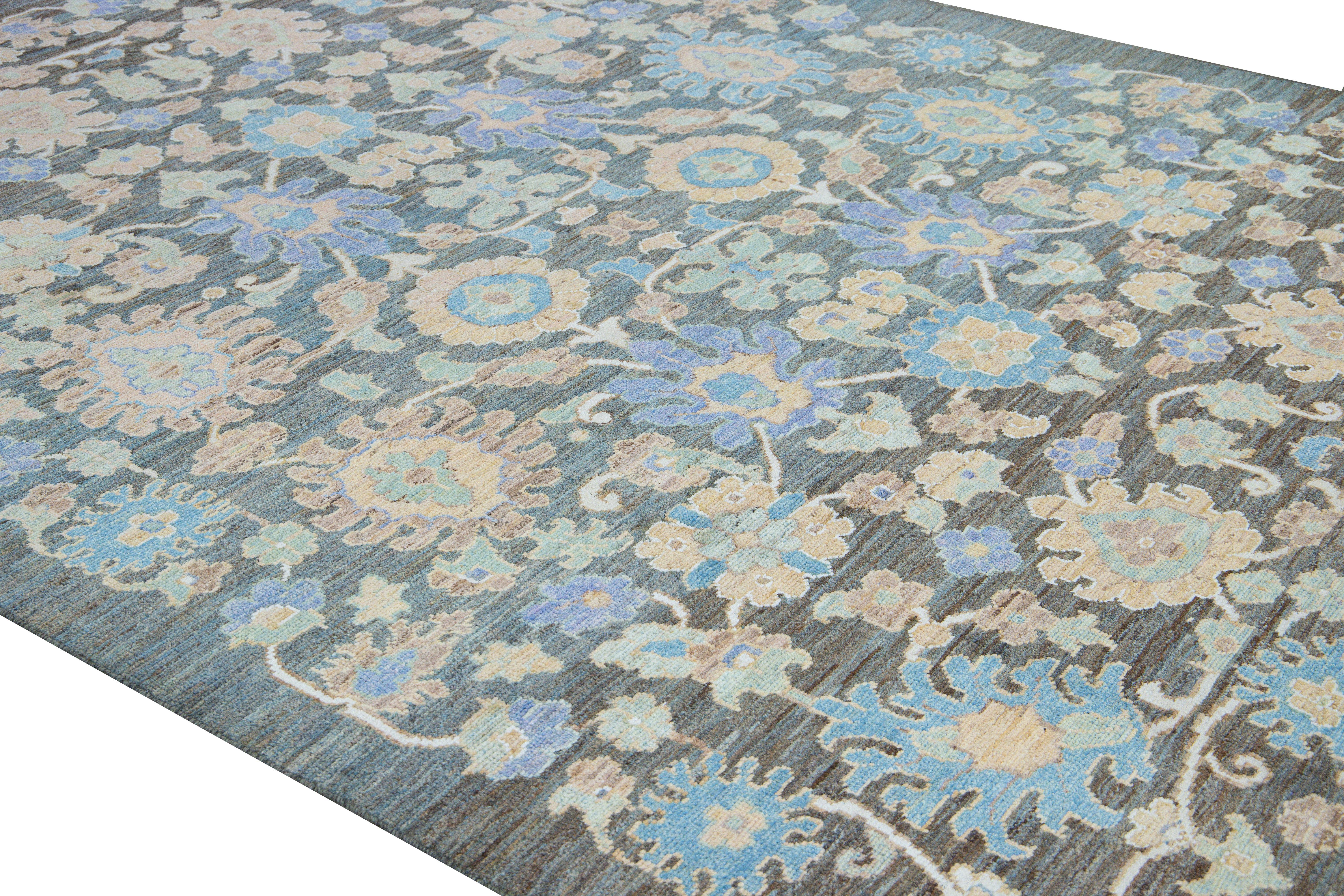 Modern Oushak Handmade Blue Floral Wool Rug For Sale 1