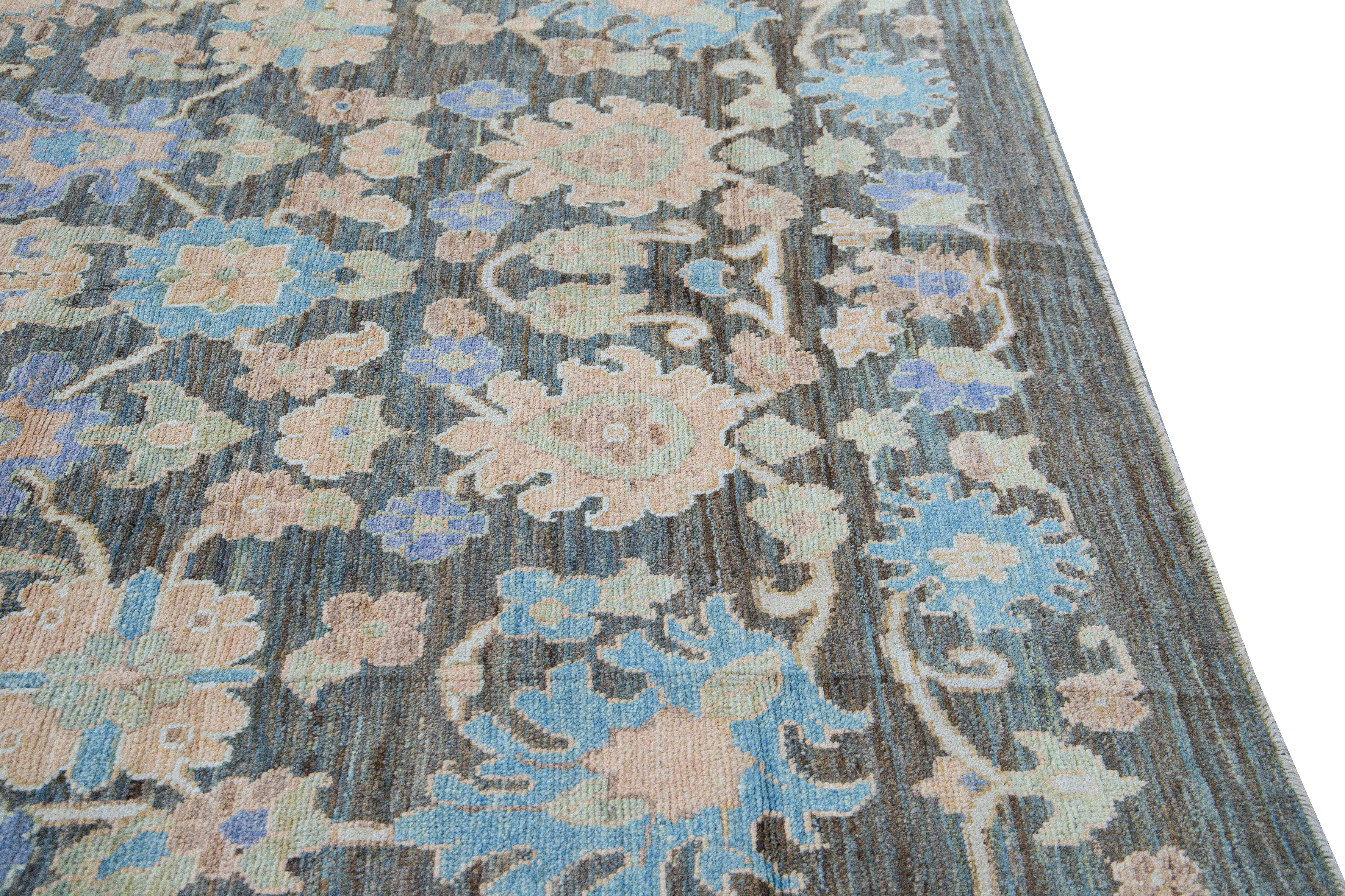 Modern Oushak Handmade Blue Floral Wool Rug For Sale 2