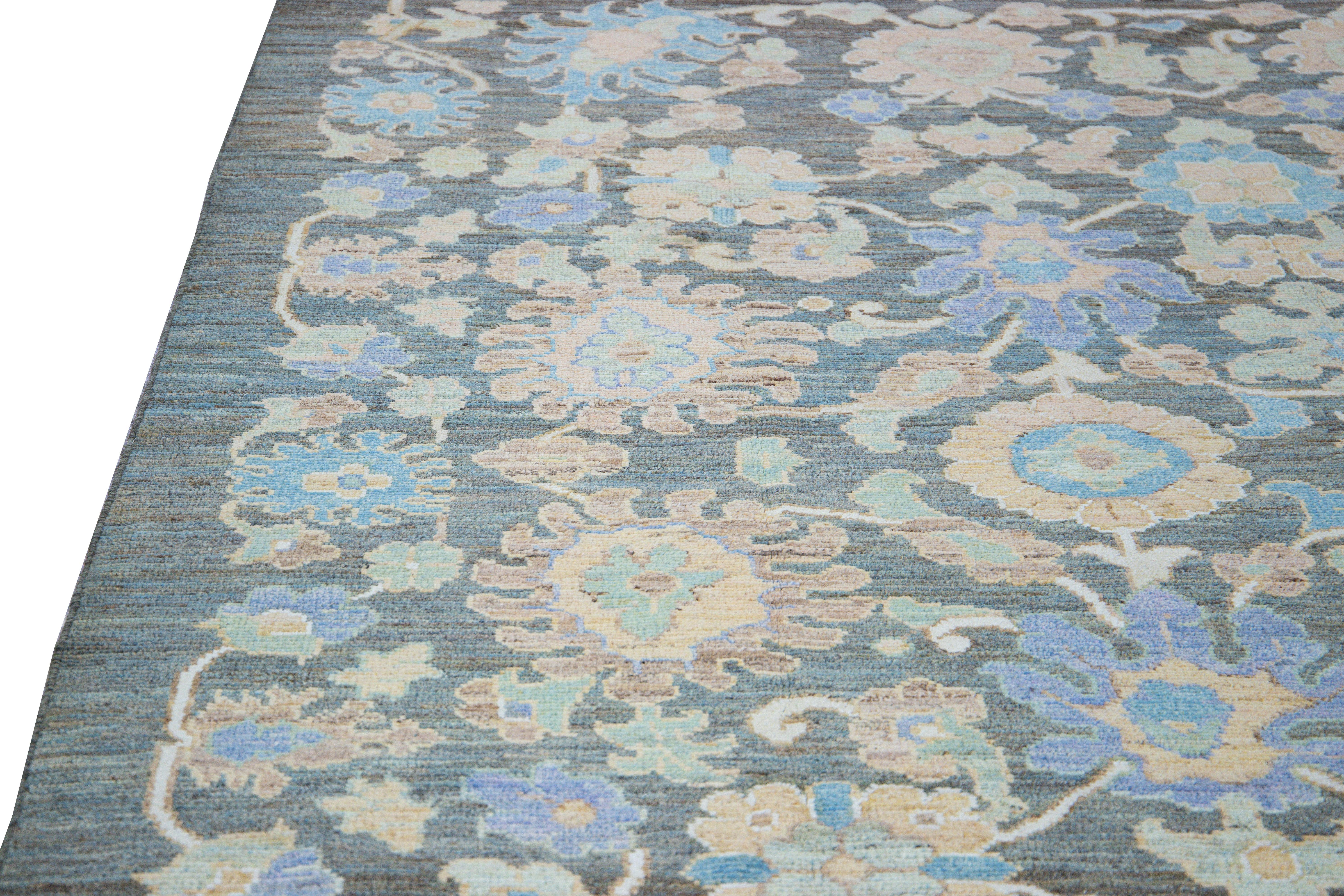 Modern Oushak Handmade Blue Floral Wool Rug For Sale 3