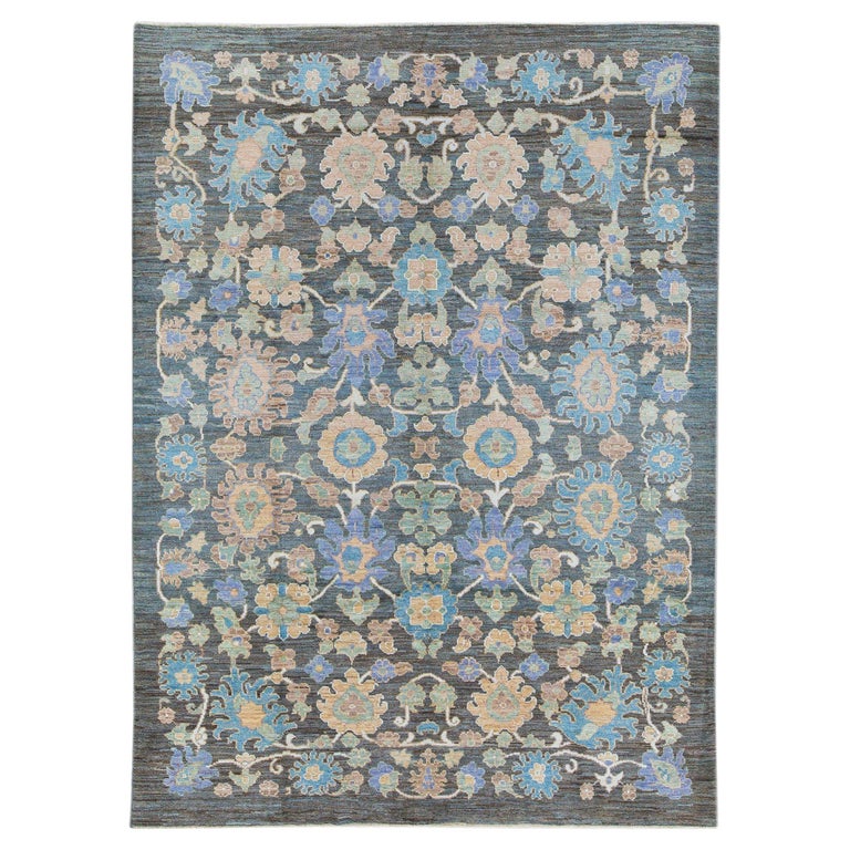 Modern Oushak Handmade Blue Floral Wool Rug For Sale at 1stDibs