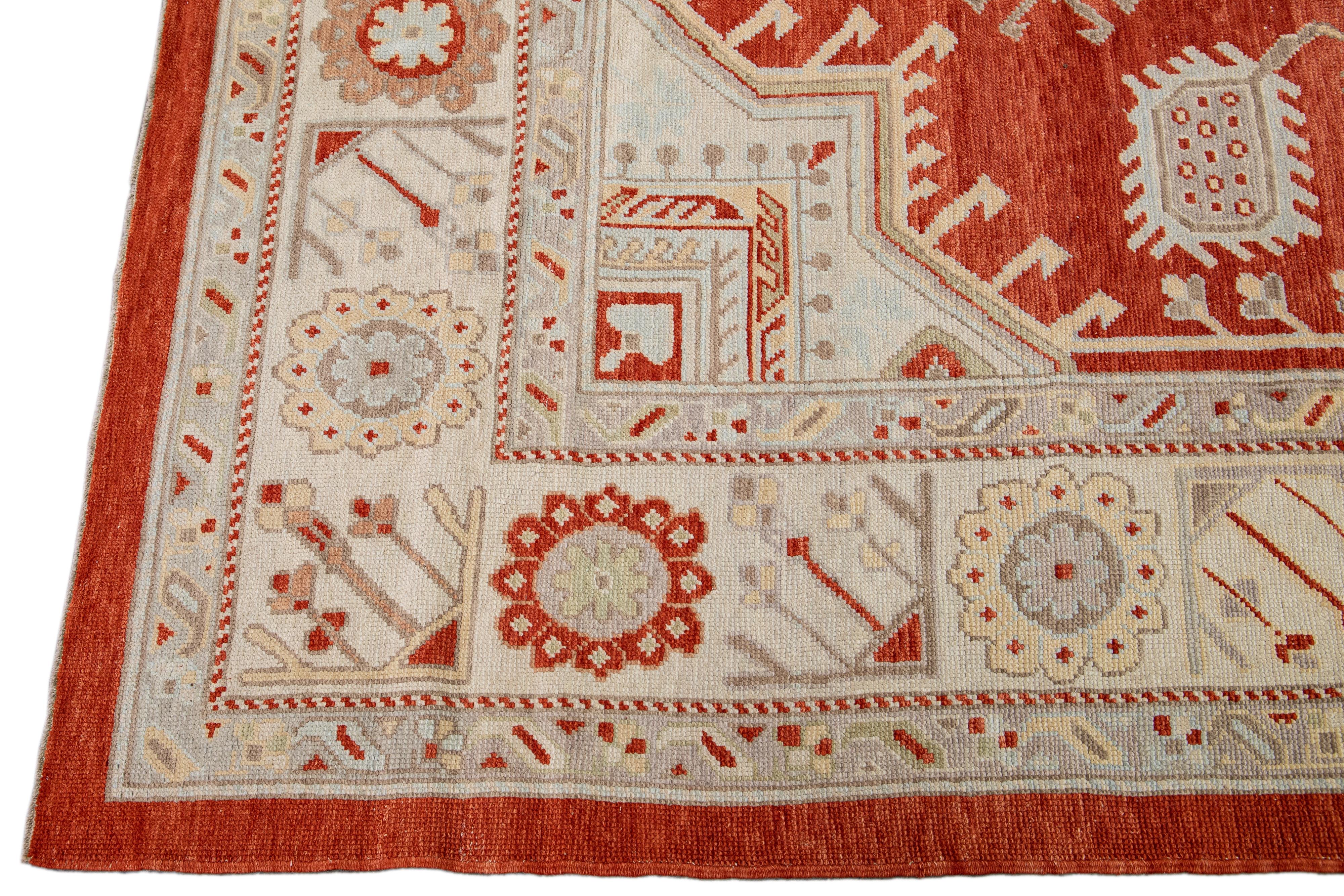 Moderner moderner handgefertigter Oushak-Wollteppich in Terrakotta-Orange (Handgeknüpft) im Angebot