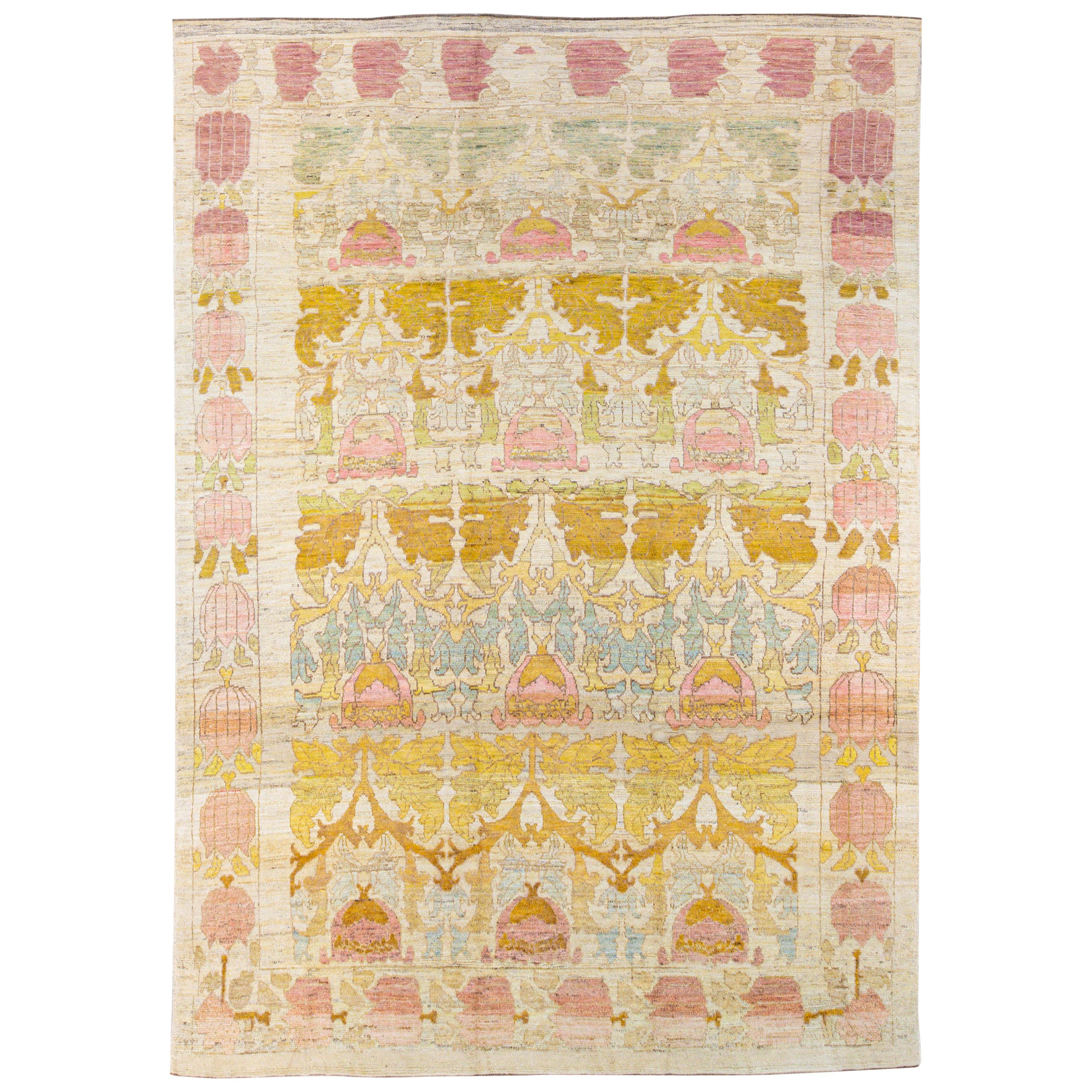 Modern Oushak Handmade Floral Beige Wool Rug at 1stDibs