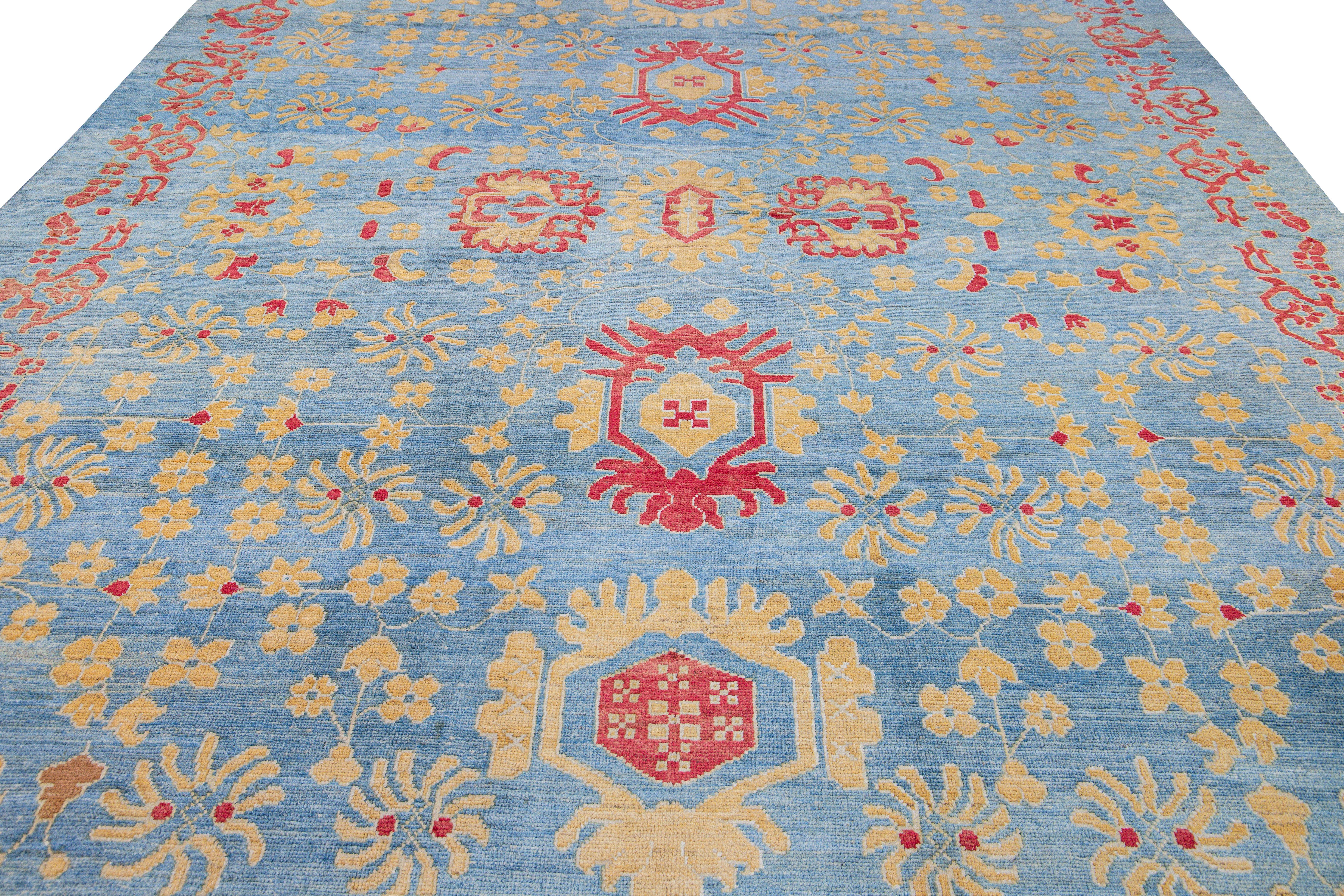 Turkish Modern Oushak Handmade Floral Blue Oversize Wool Rug For Sale