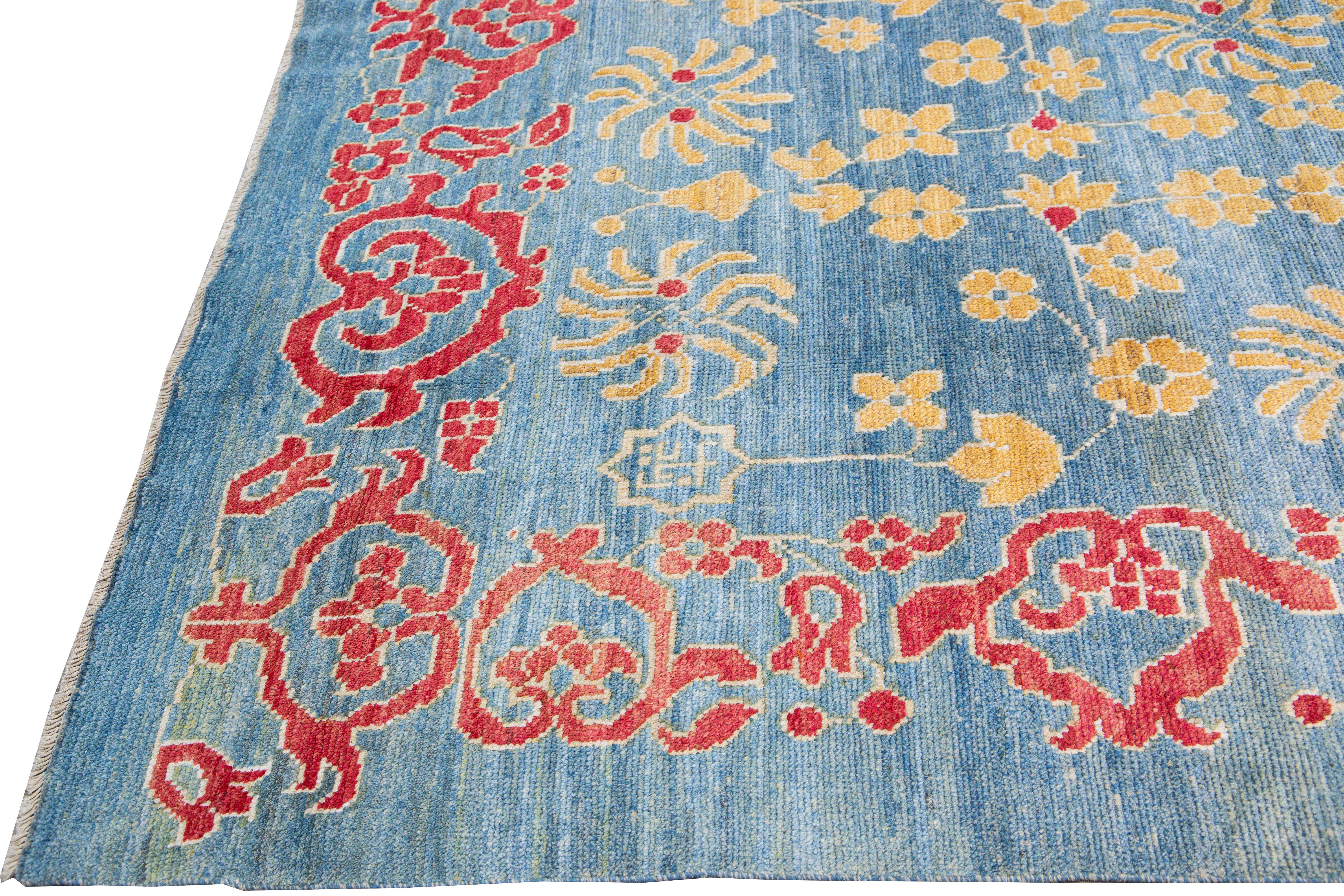 Hand-Knotted Modern Oushak Handmade Floral Blue Oversize Wool Rug For Sale