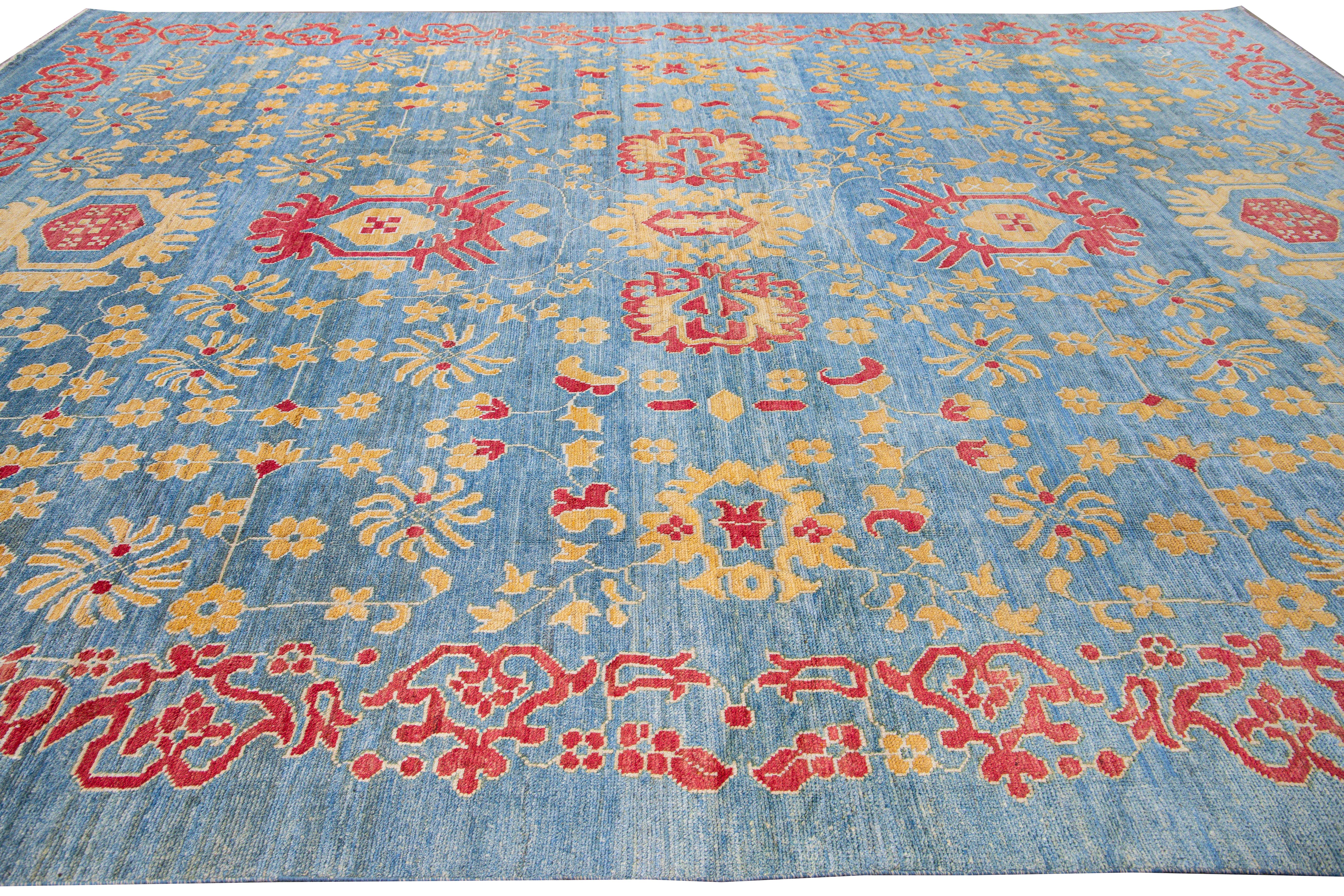 Contemporary Modern Oushak Handmade Floral Blue Oversize Wool Rug For Sale