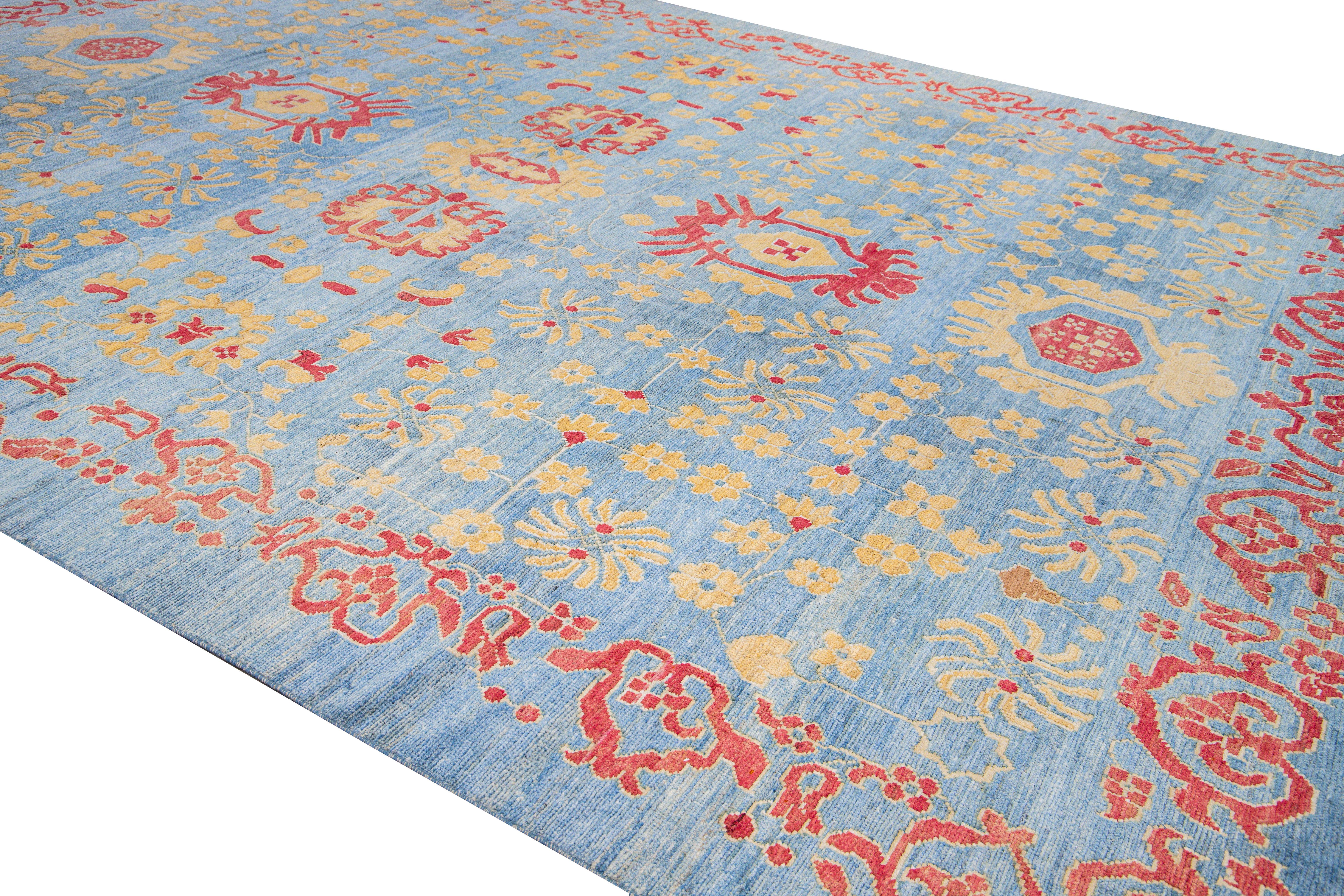 Modern Oushak Handmade Floral Blue Oversize Wool Rug For Sale 1
