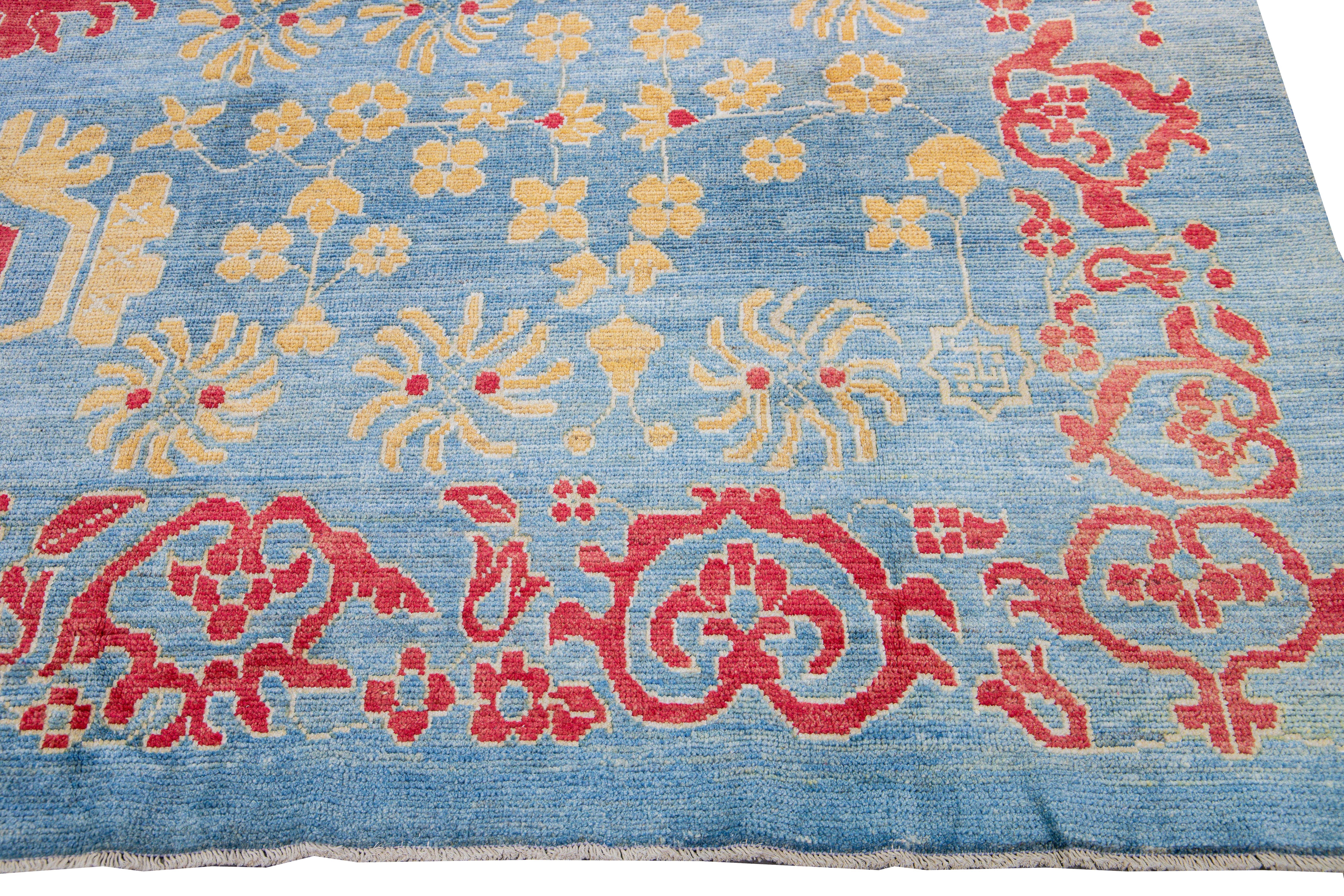 Modern Oushak Handmade Floral Blue Oversize Wool Rug For Sale 2
