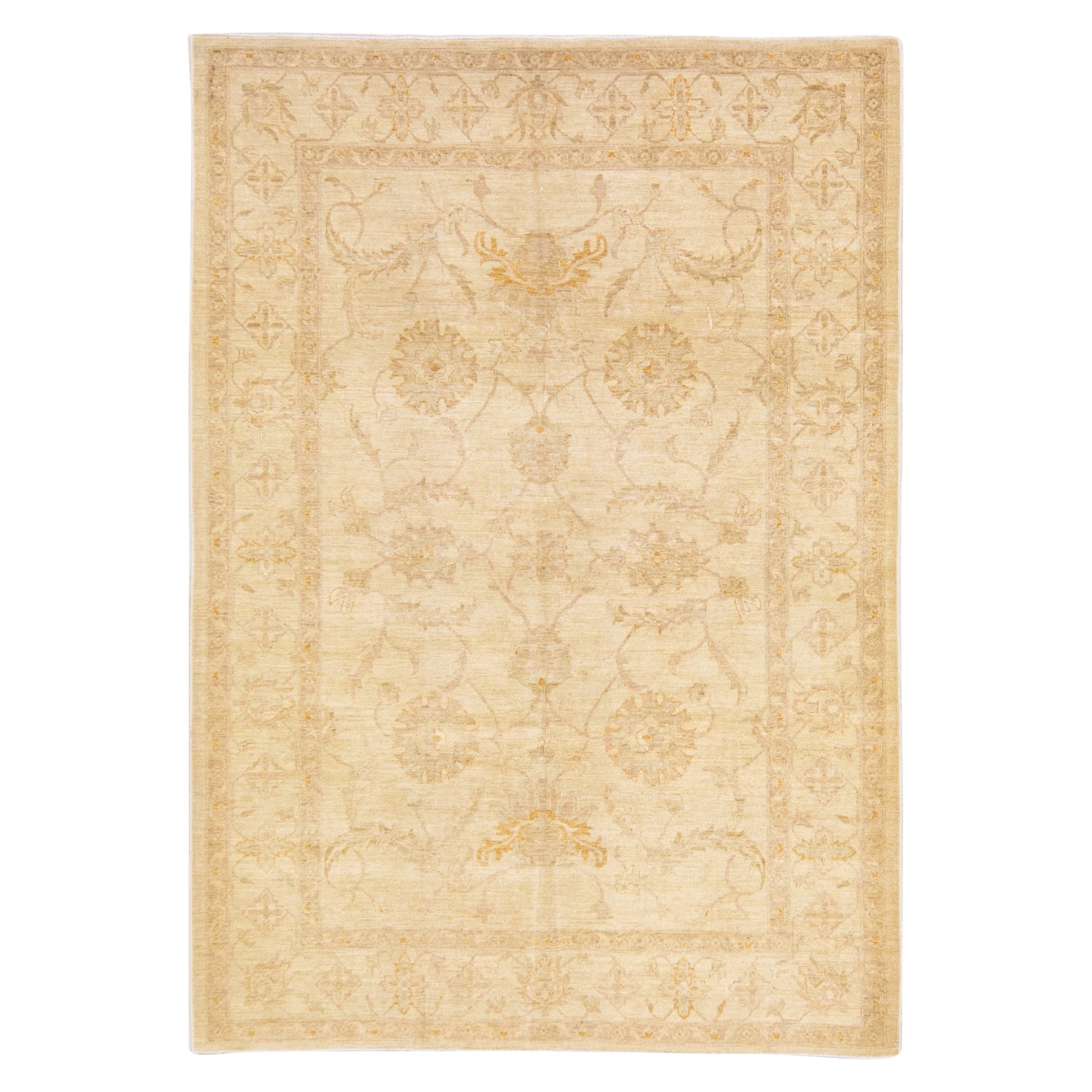Tappeto moderno Oushak fatto a mano con motivo floreale in lana beige