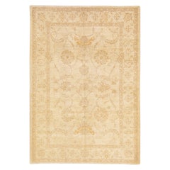 Tappeto moderno Oushak fatto a mano con motivo floreale in lana beige