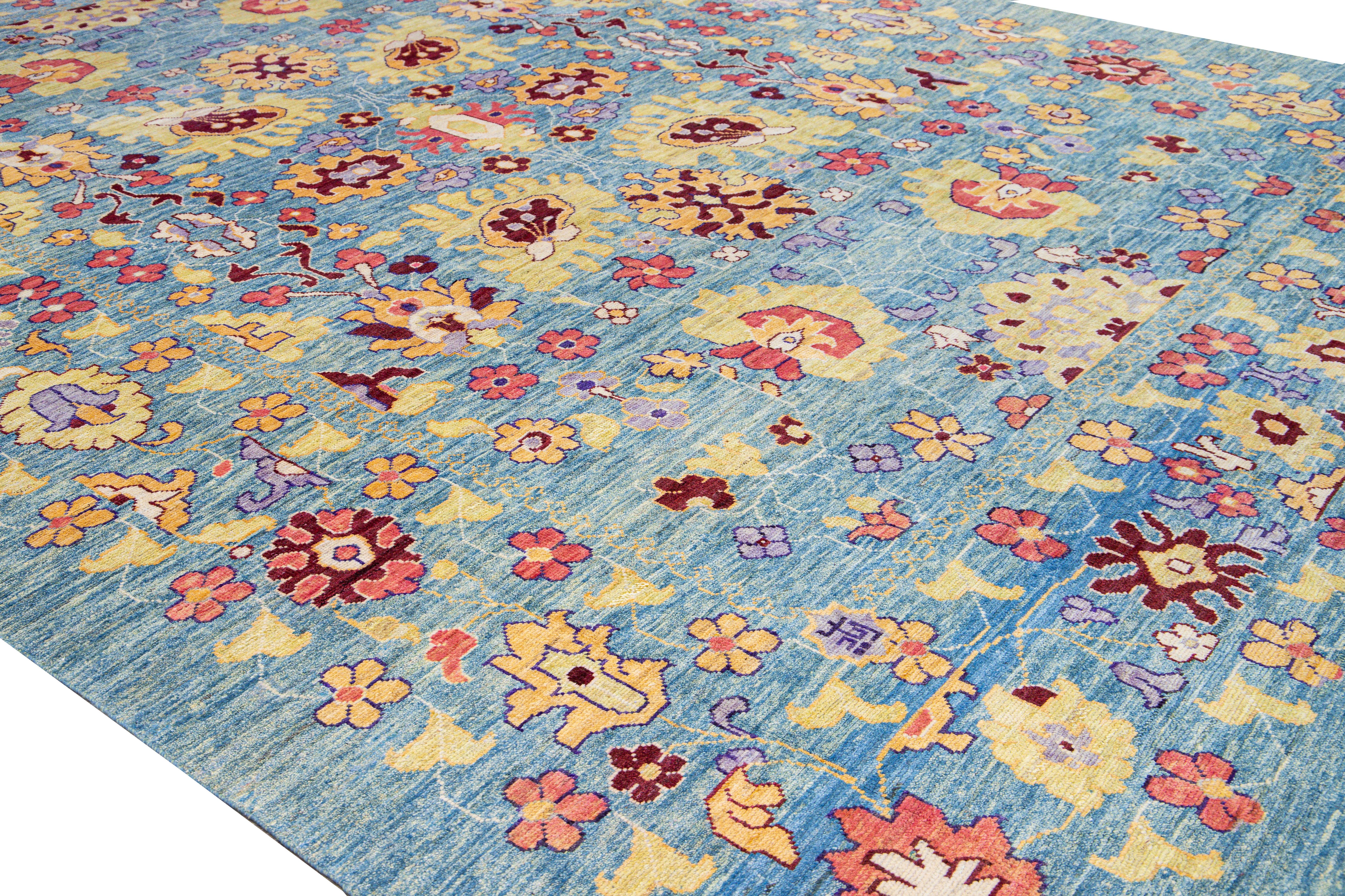 Modern Oushak Handmade Floral Oversize Blue Wool Rug In New Condition For Sale In Norwalk, CT