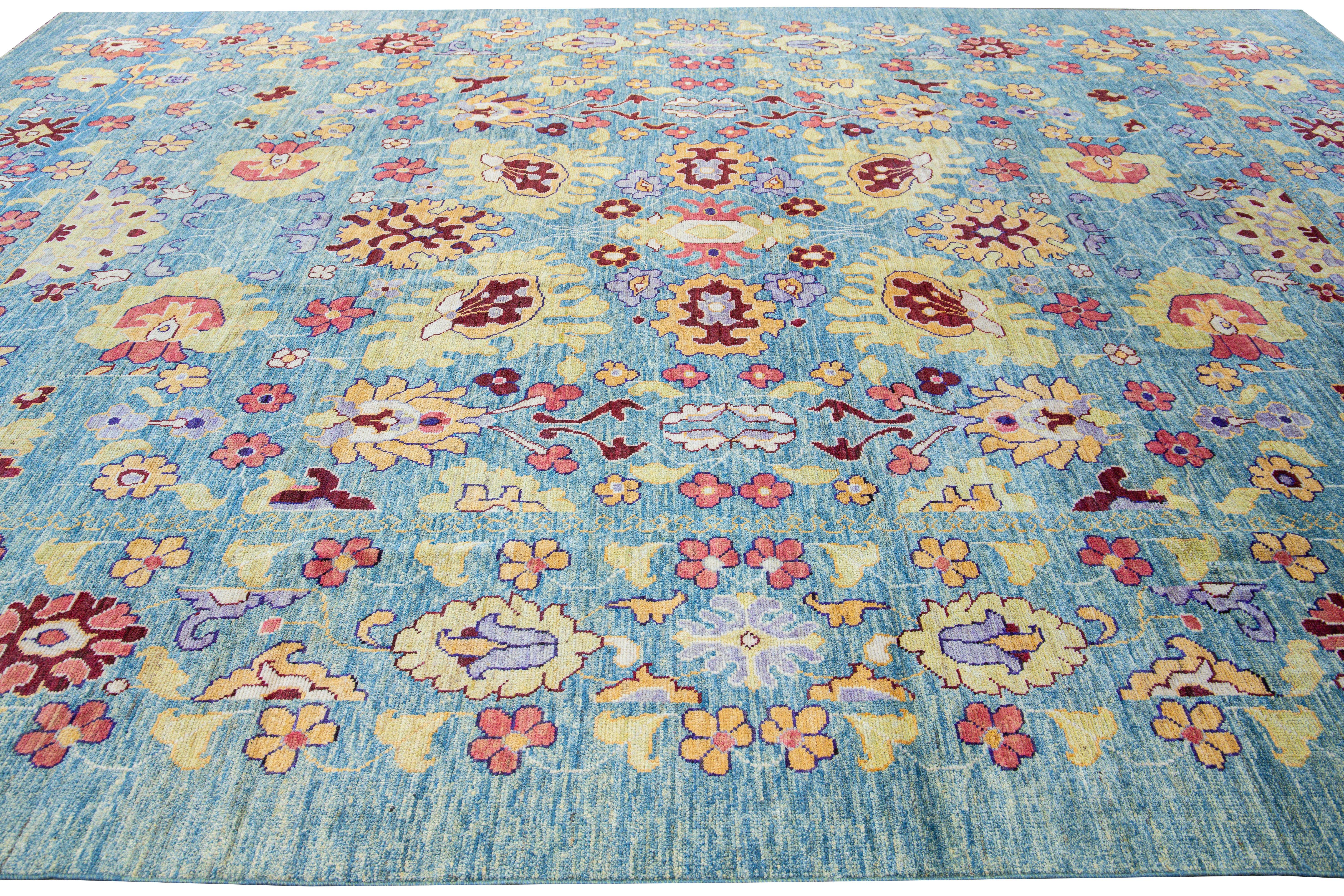 Contemporary Modern Oushak Handmade Floral Oversize Blue Wool Rug For Sale
