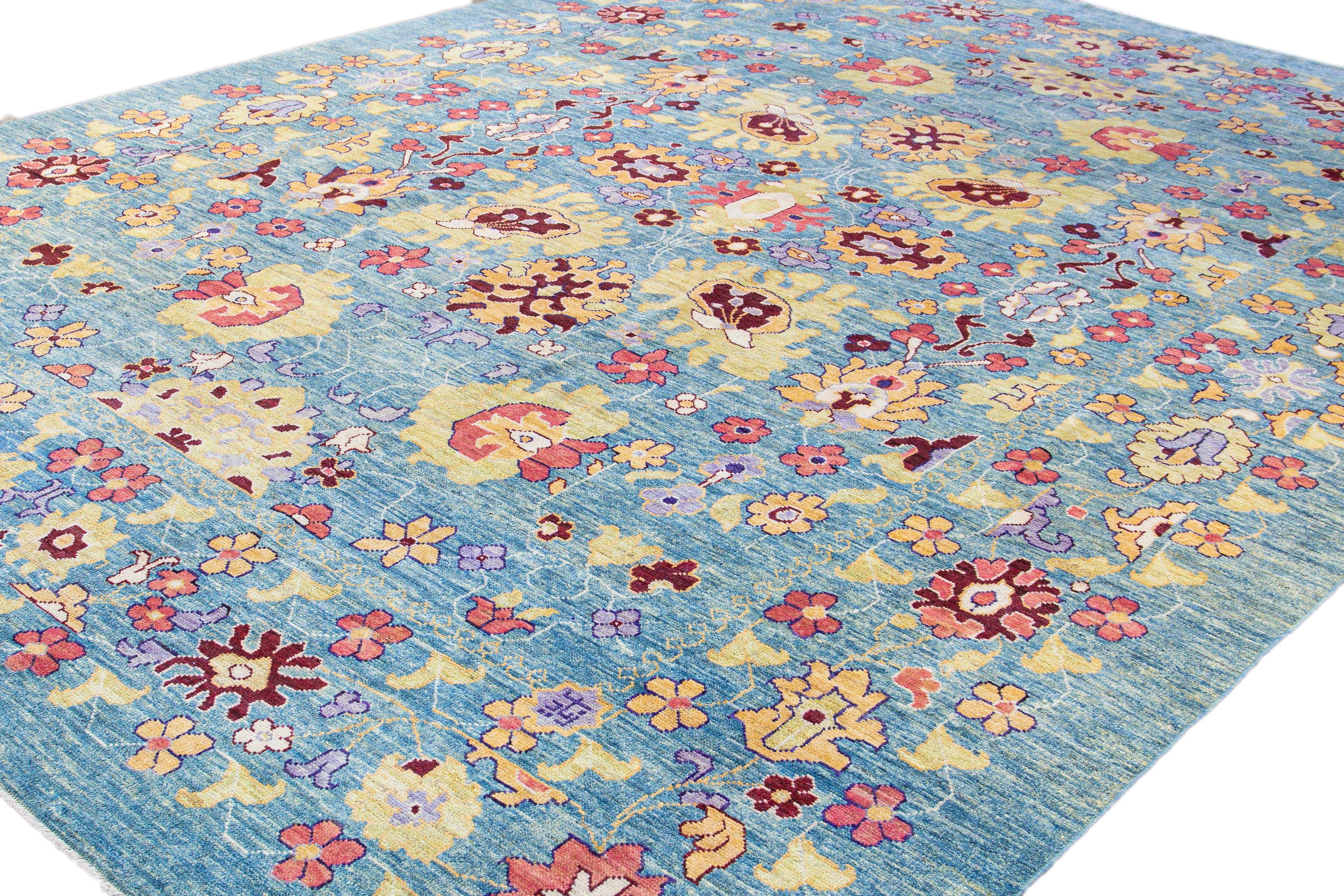 Modern Oushak Handmade Floral Oversize Blue Wool Rug For Sale 1