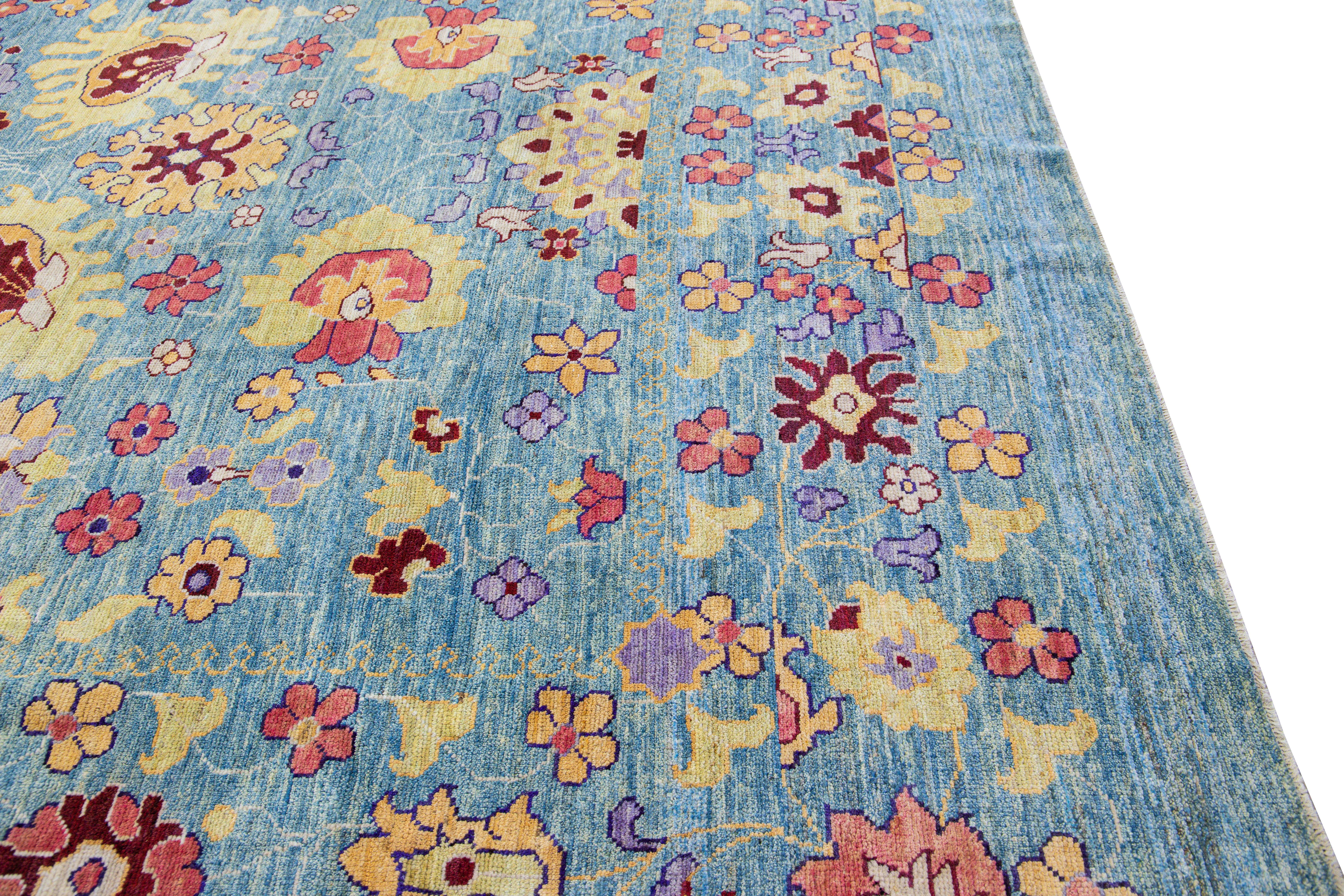 Modern Oushak Handmade Floral Oversize Blue Wool Rug For Sale 3