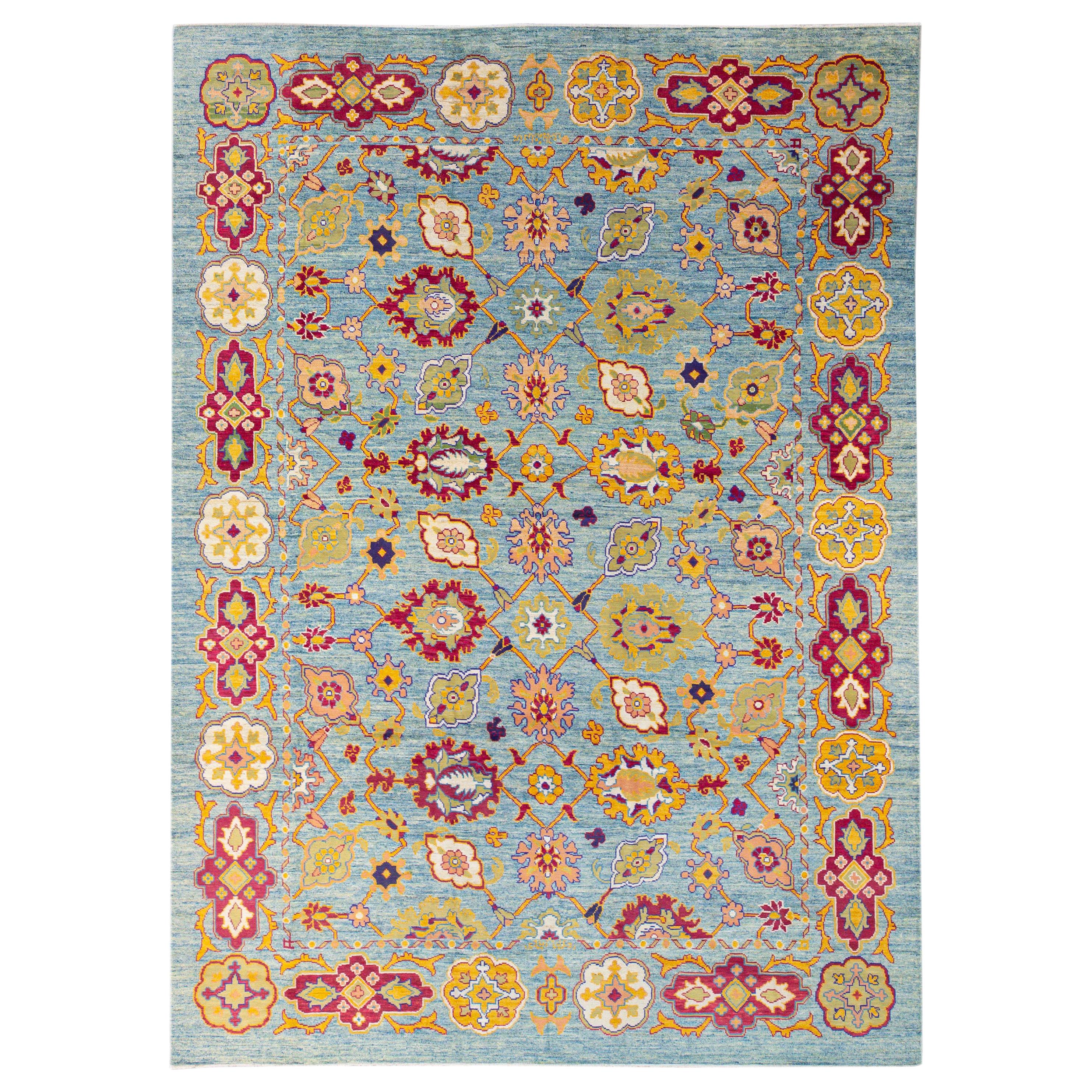 Modern Oushak Handmade Floral Light Blue Oversize Wool Rug For Sale at