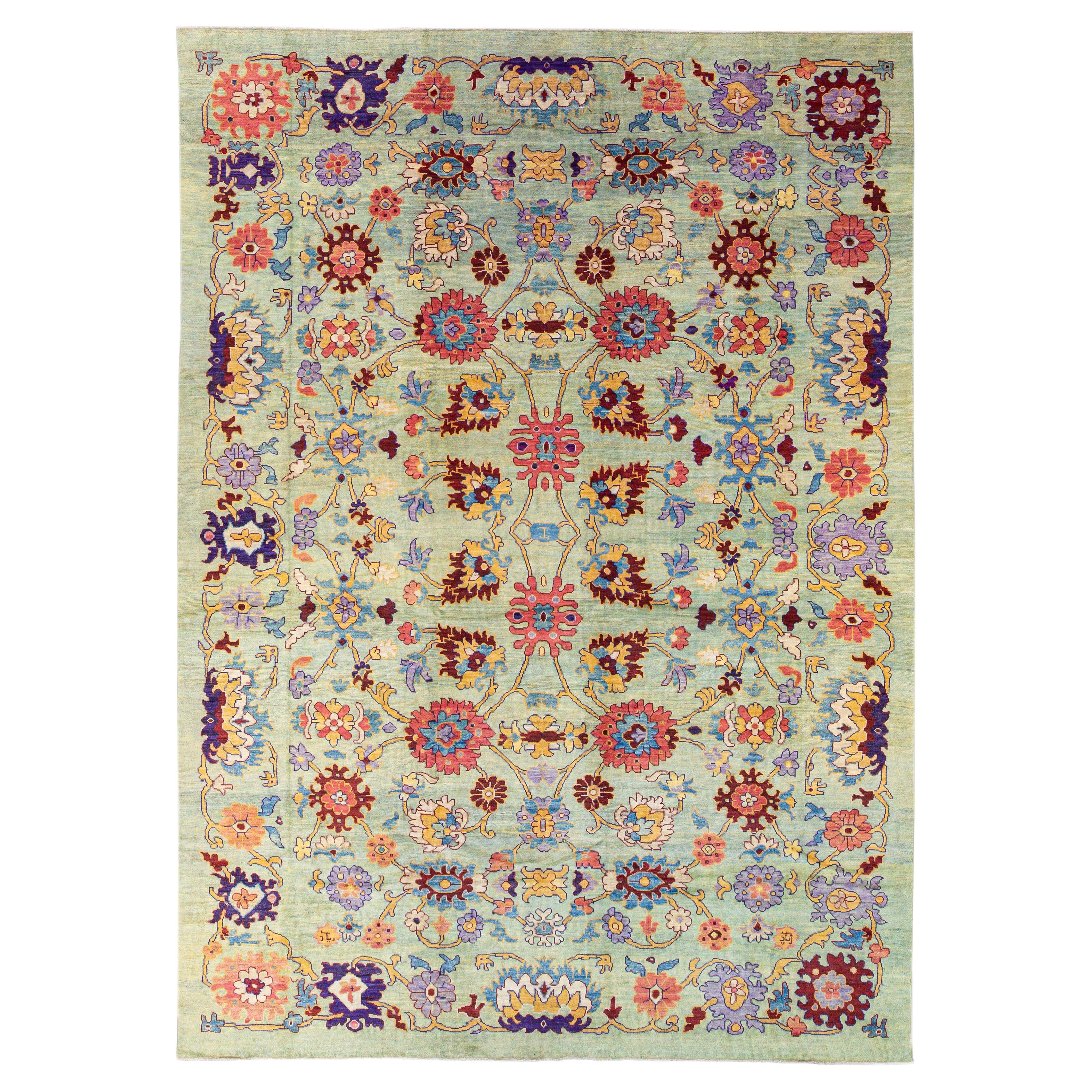 Green Modern Oushak Handmade Floral Wool Rug For Sale at 1stDibs