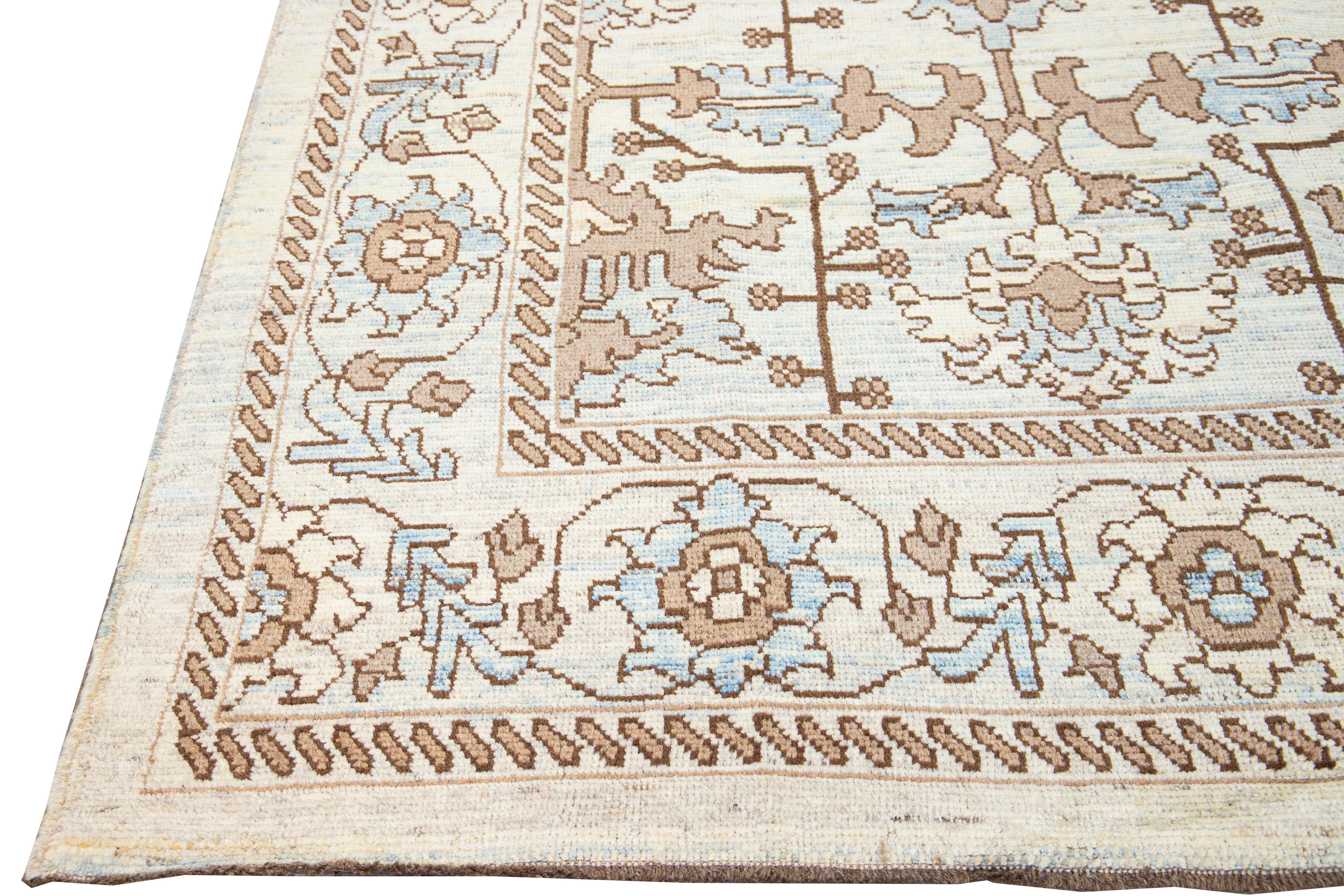 Hand-Knotted Modern Oushak Handmade Floral Pattern Beige and Blue Wool Rug For Sale