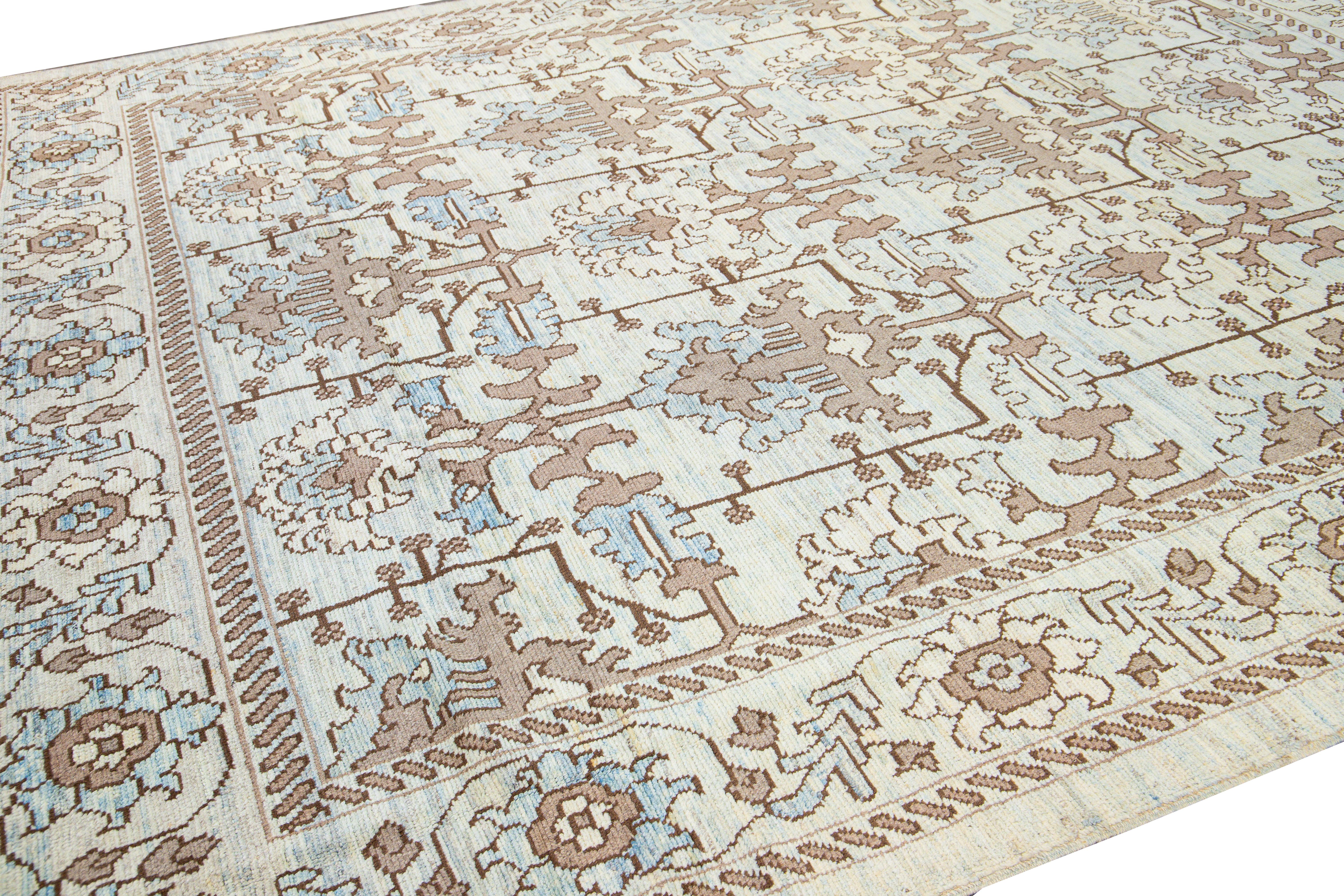 Modern Oushak Handmade Floral Pattern Beige and Blue Wool Rug In New Condition For Sale In Norwalk, CT