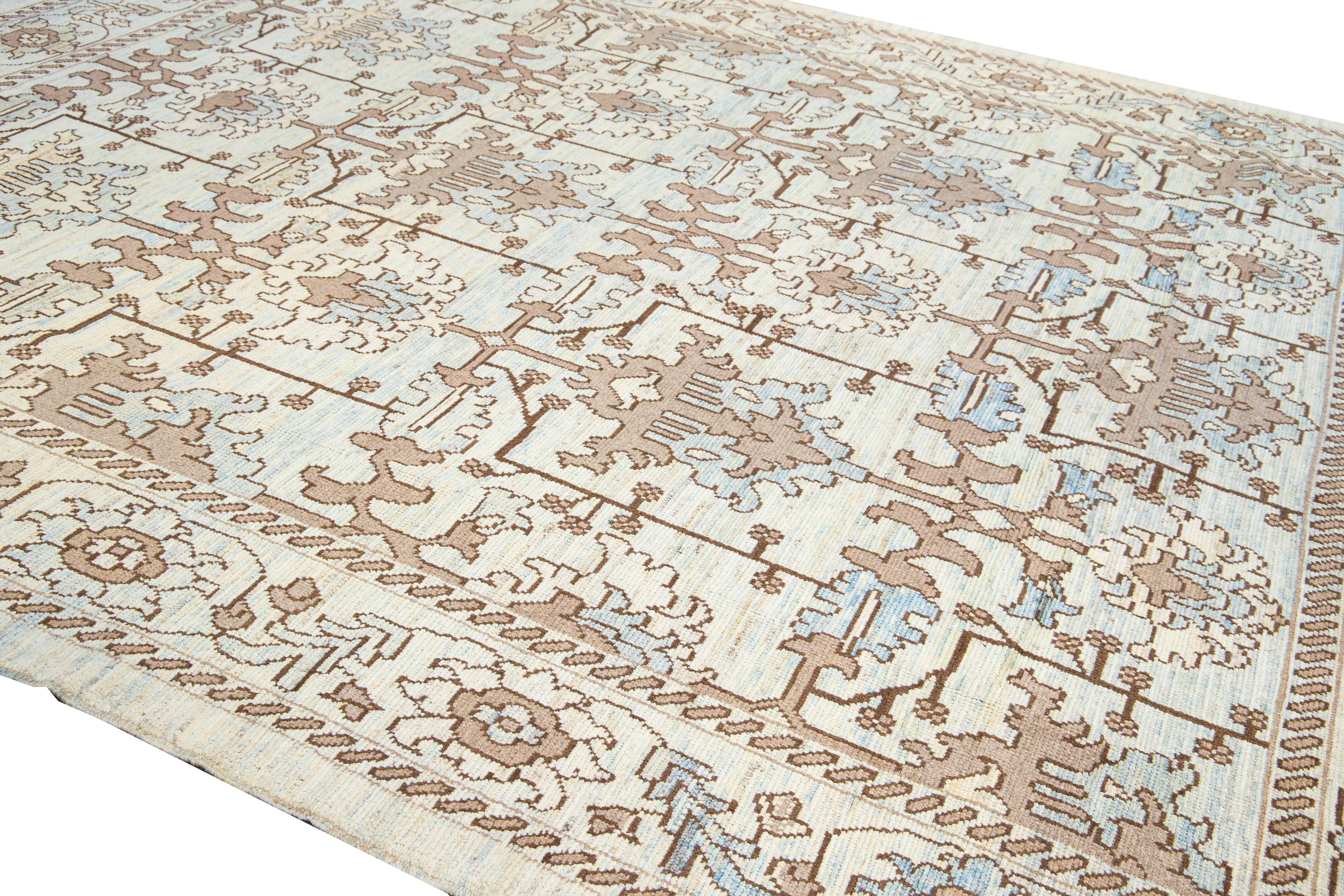 Modern Oushak Handmade Floral Pattern Beige and Blue Wool Rug For Sale 1