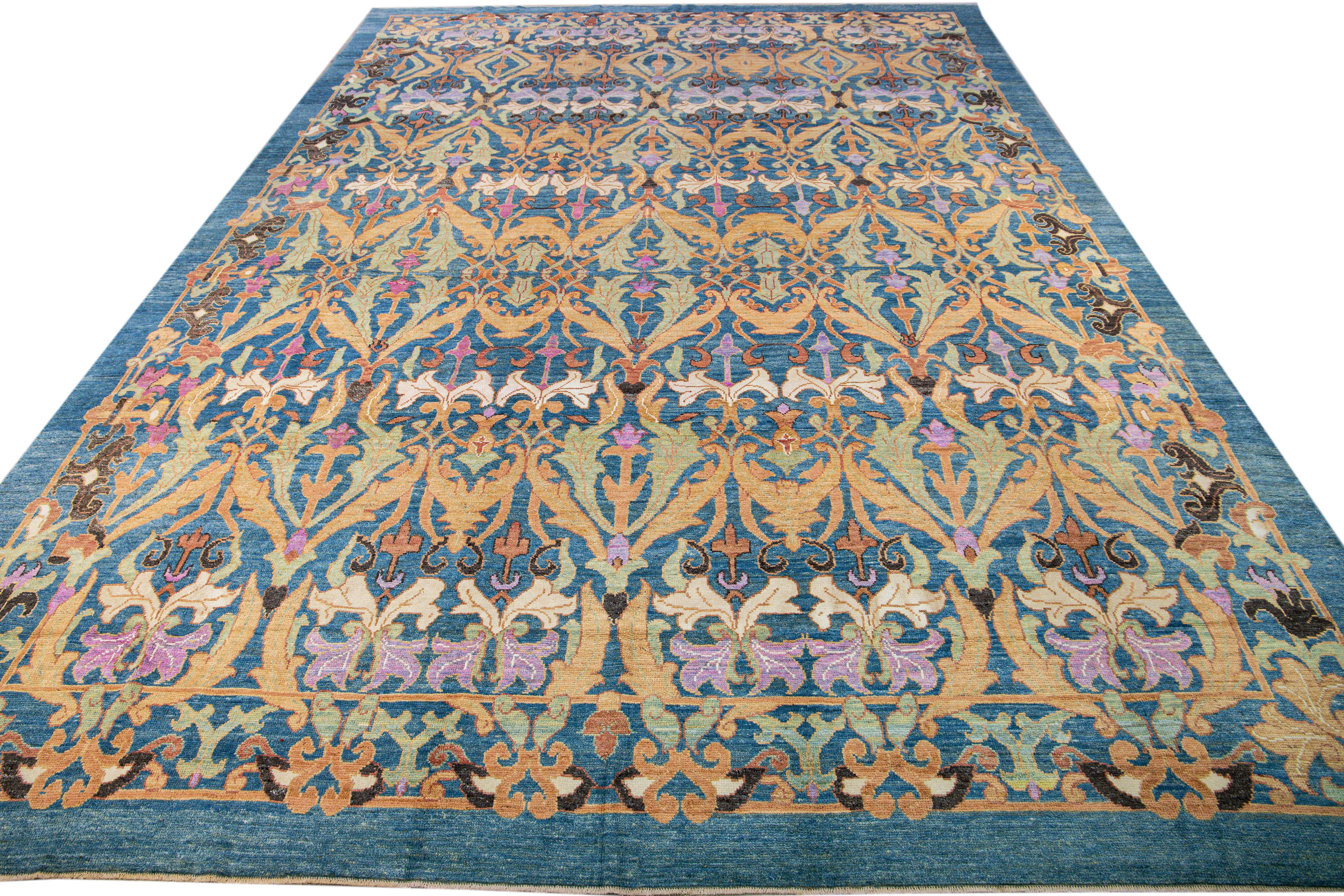Turkish Modern Oushak Handmade Floral Pattern Blue Oversize Wool Rug For Sale