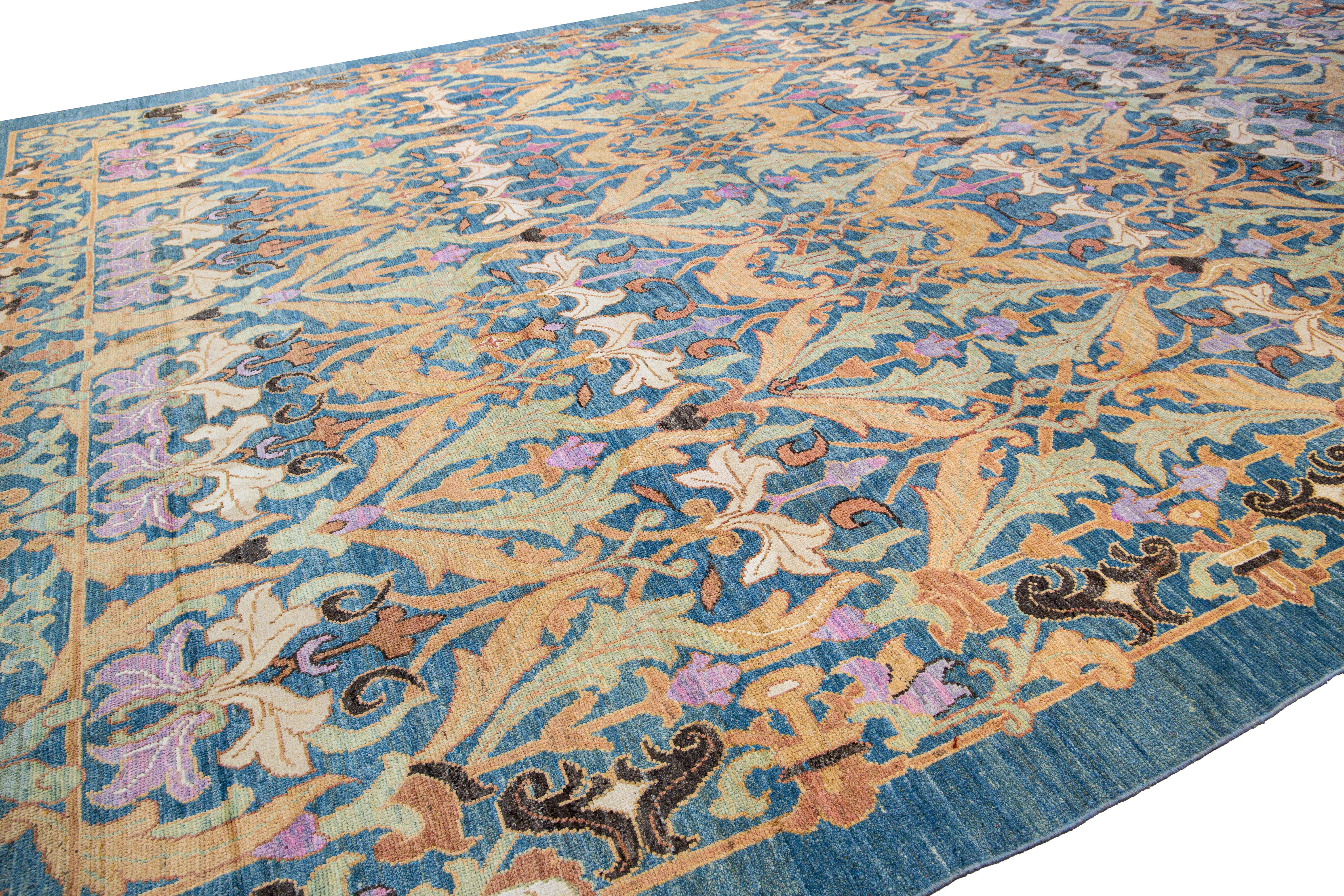 Modern Oushak Handmade Floral Pattern Blue Oversize Wool Rug In New Condition For Sale In Norwalk, CT