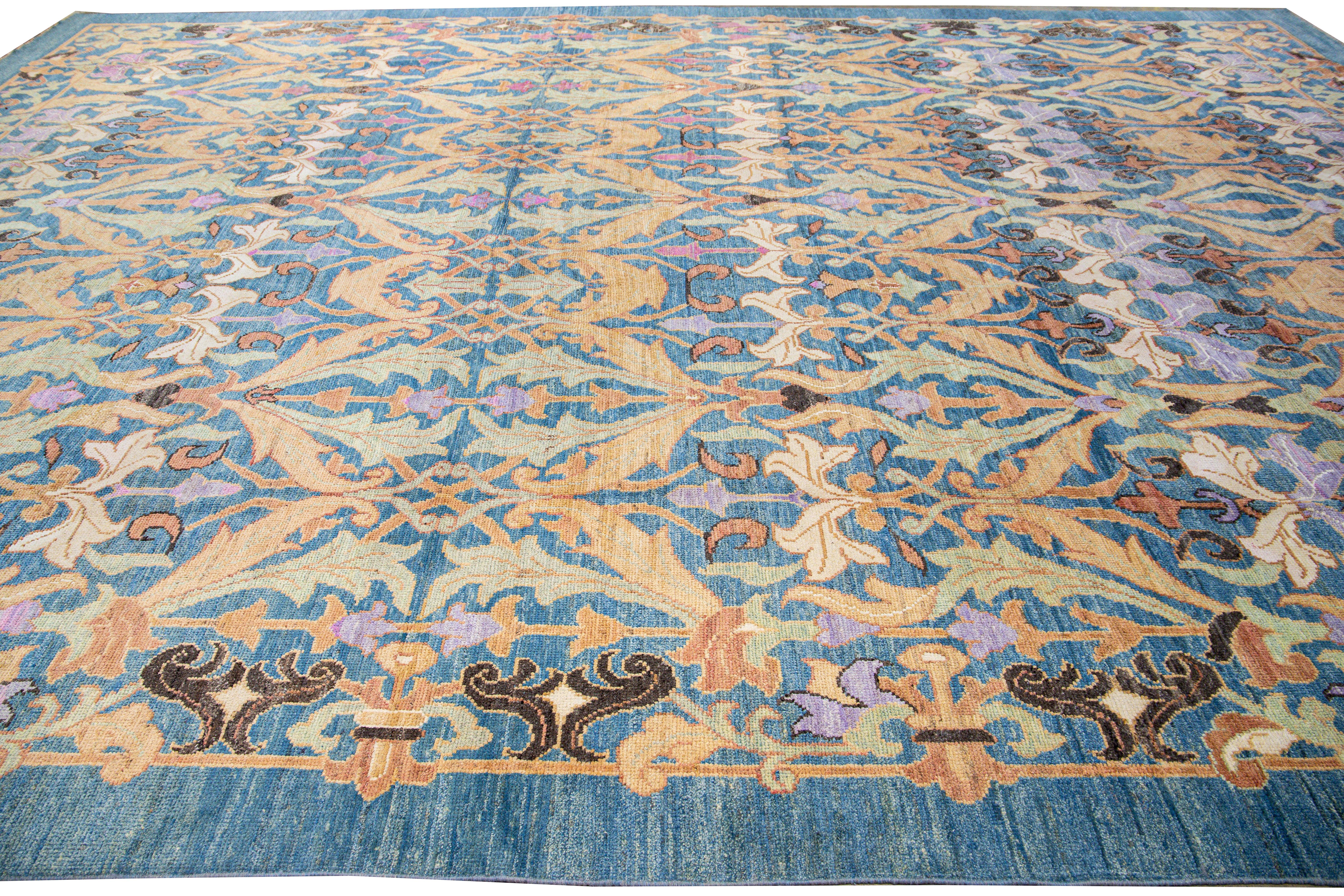 Contemporary Modern Oushak Handmade Floral Pattern Blue Oversize Wool Rug For Sale