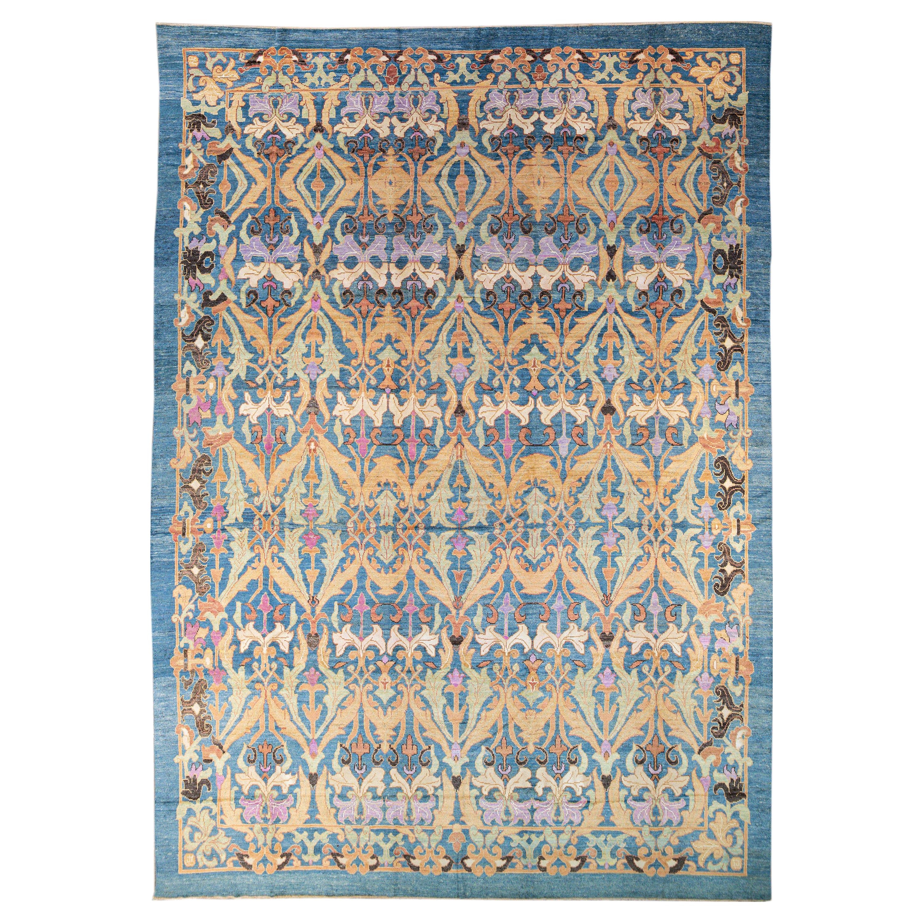 Modern Oushak Handmade Floral Pattern Blue Oversize Wool Rug For Sale