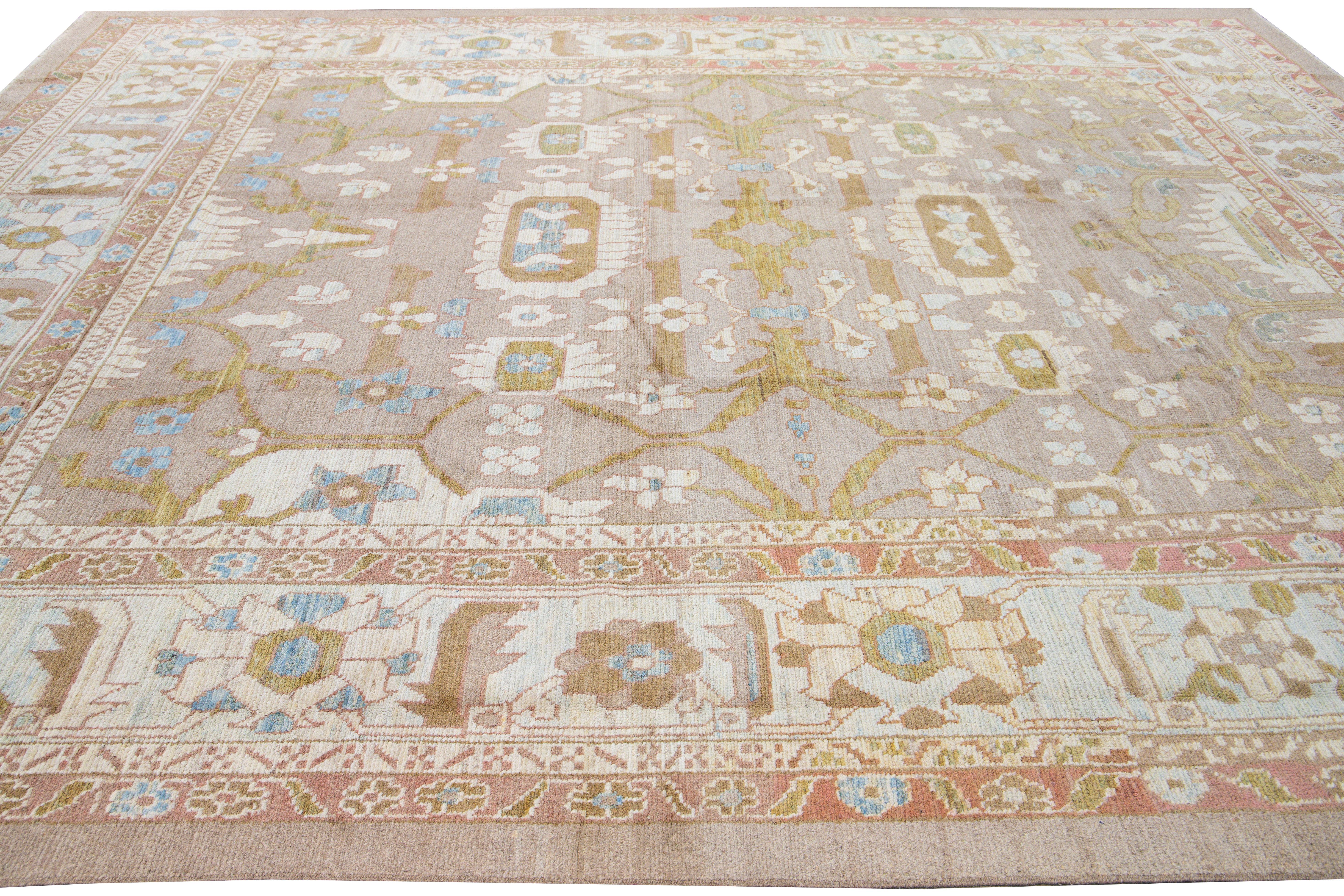 Contemporary Modern Oushak Handmade Floral Pattern Designed Brown Wool Rug For Sale
