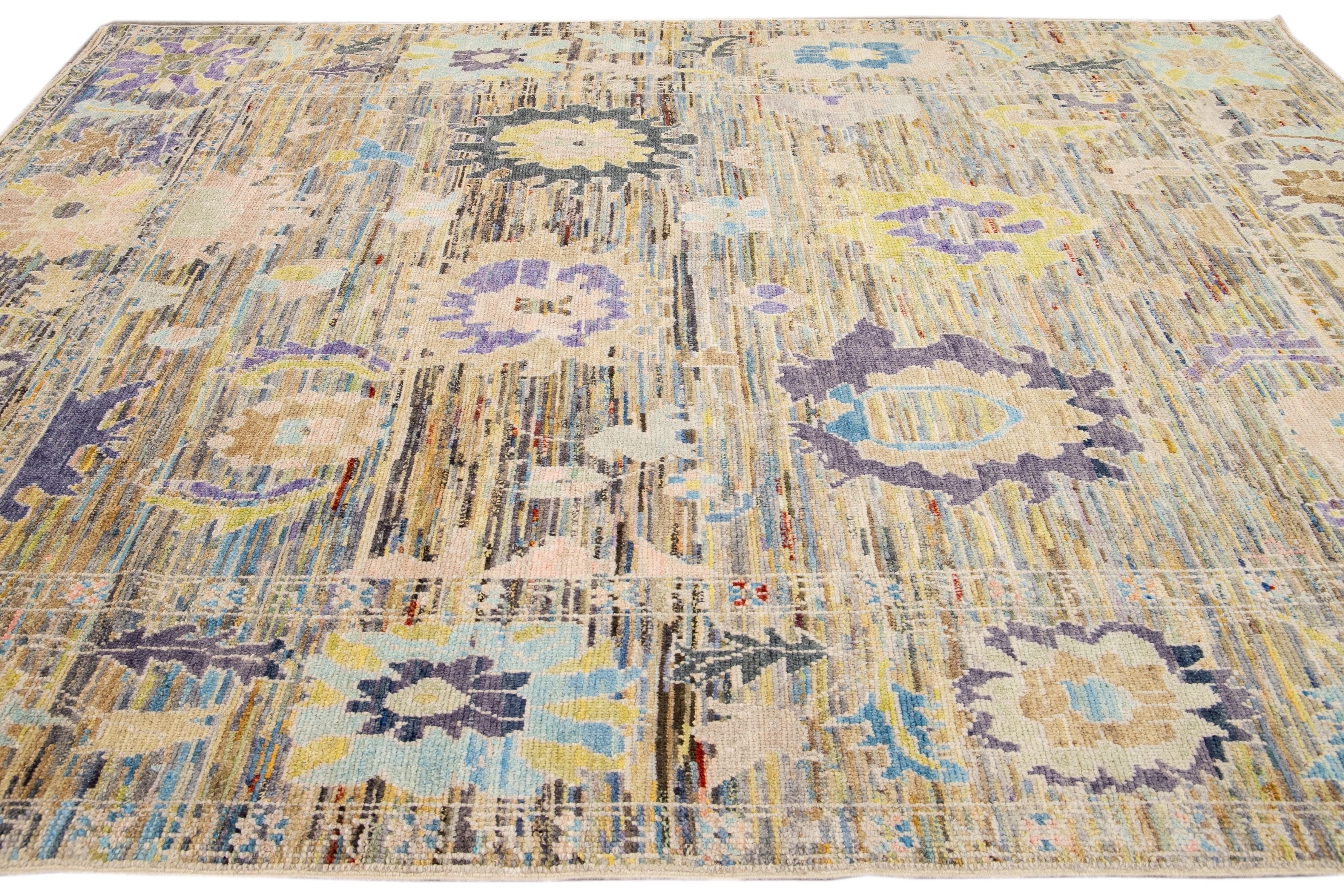 Modern Oushak Handmade Floral Pattern Multicolor Wool Rug In New Condition For Sale In Norwalk, CT