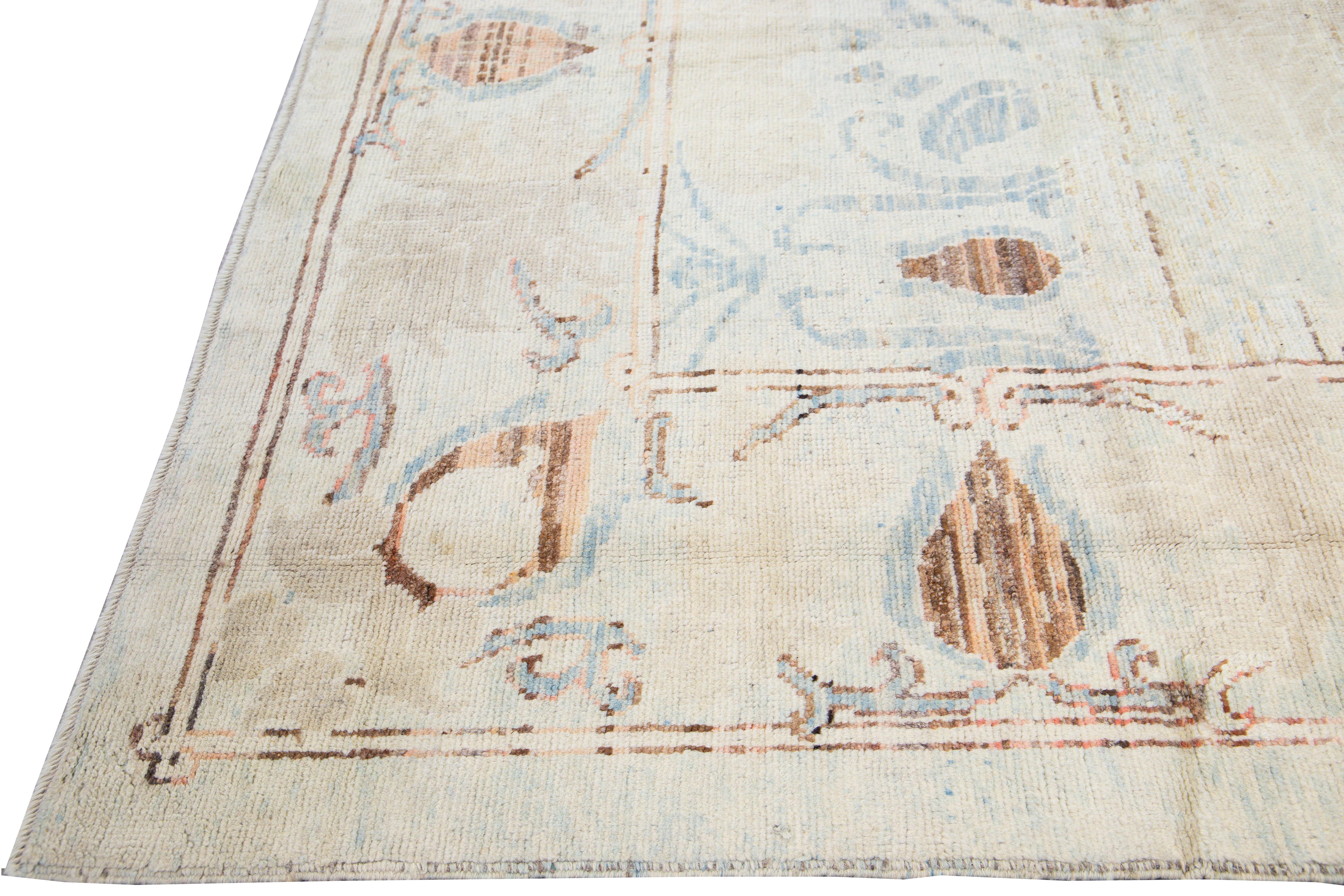 Hand-Knotted Modern Oushak Handmade Floral Tribal Beige and Blue Wool Rug For Sale