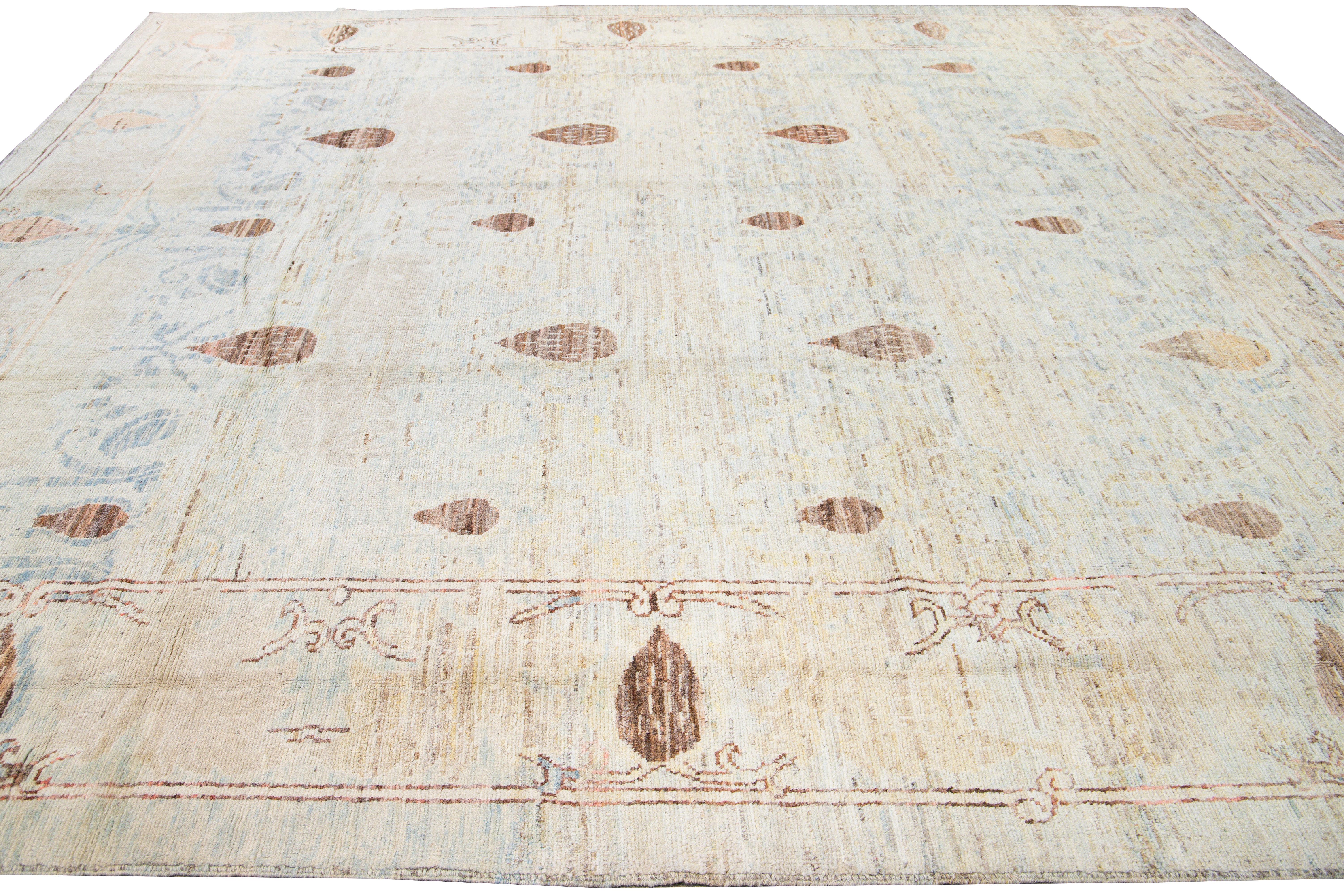 Contemporary Modern Oushak Handmade Floral Tribal Beige and Blue Wool Rug For Sale