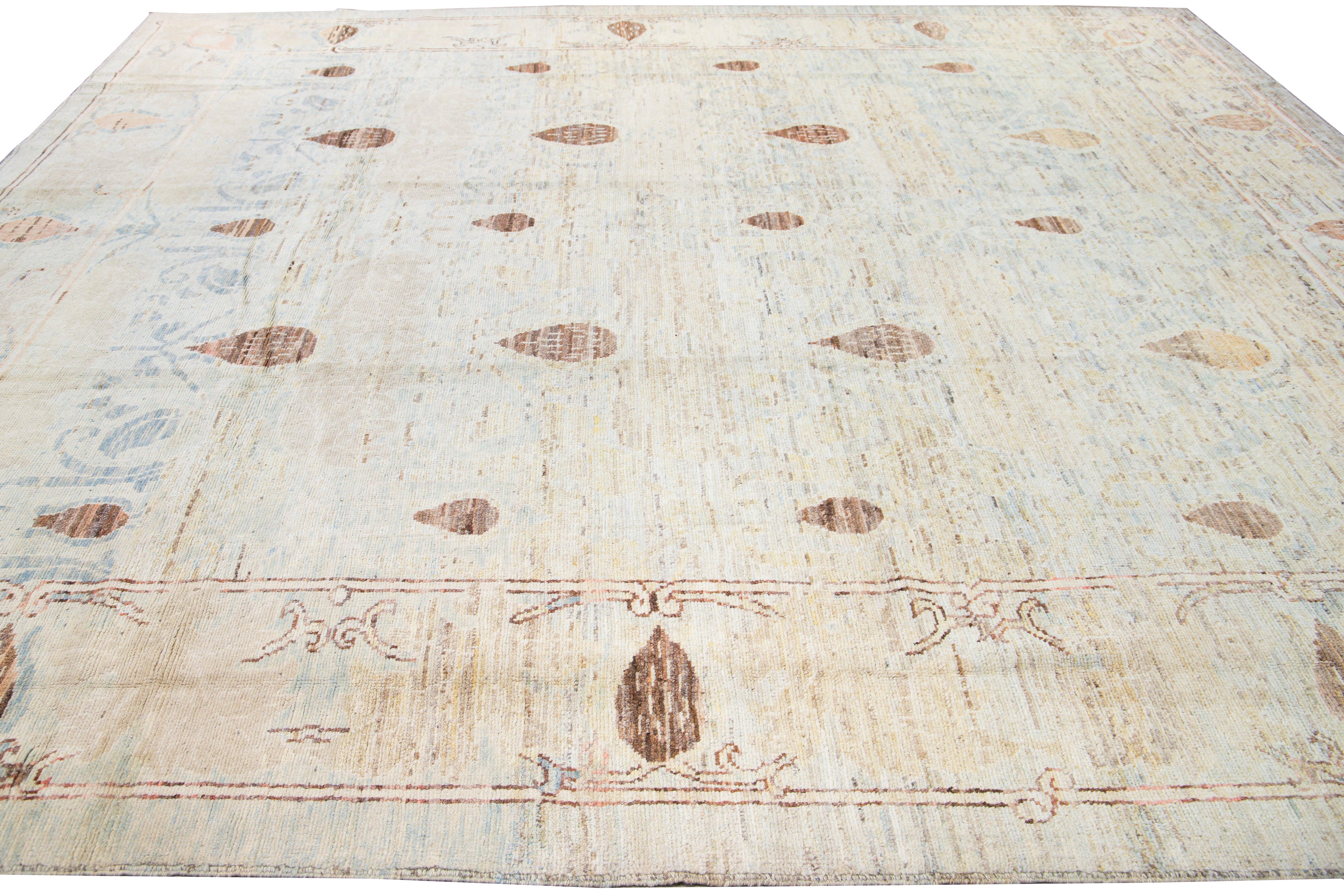 Contemporary Modern Oushak Handmade Floral Tribal Beige and Blue Wool Rug For Sale