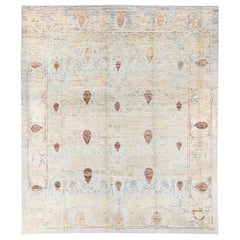 Modern Oushak Handmade Floral Tribal Beige and Blue Wool Rug