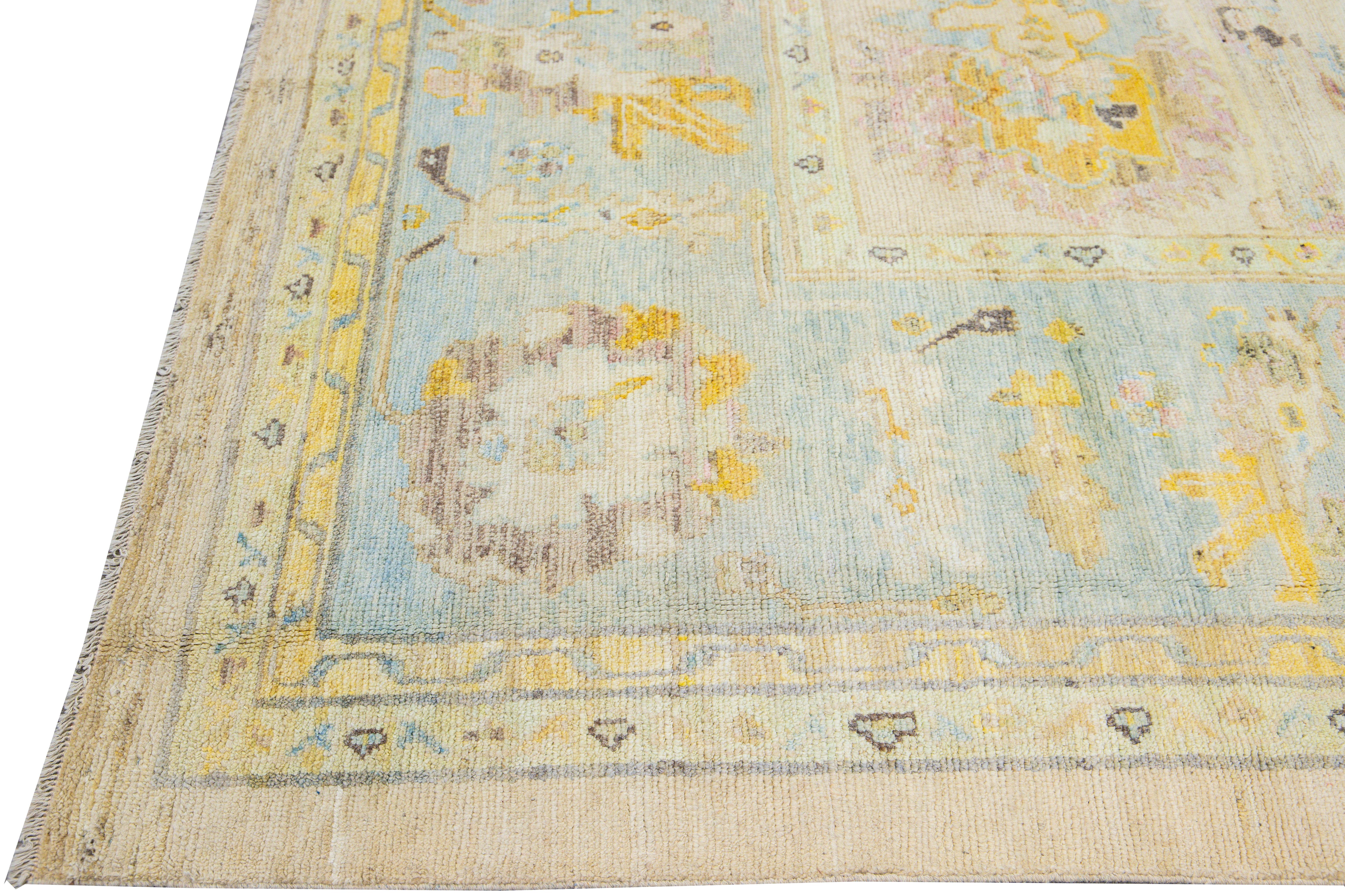 Hand-Knotted Modern Oushak Handmade Floral Yellow Wool Rug For Sale